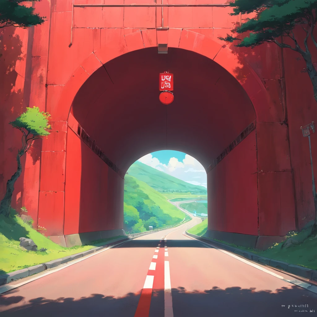 The red tunnel that is about to enter,On an empty highway,background is simple,There are no other objects,Positive perspective,shot from a far distance