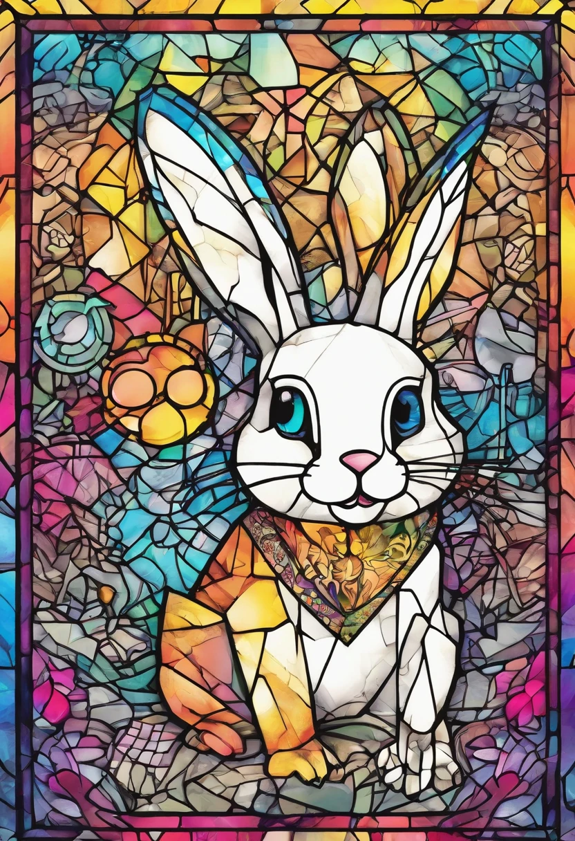 Cool and trendy rabbits, rainbow-colored hair, Yellow eyes, Wear trendy hip-hop clothes, Wearing a hoodie, Graphic T-shirt and ripped jeans, Lots of tattoos and piercings, Doodle style background, Highly detailed background, perfect masterpiece, High quality, High resolution