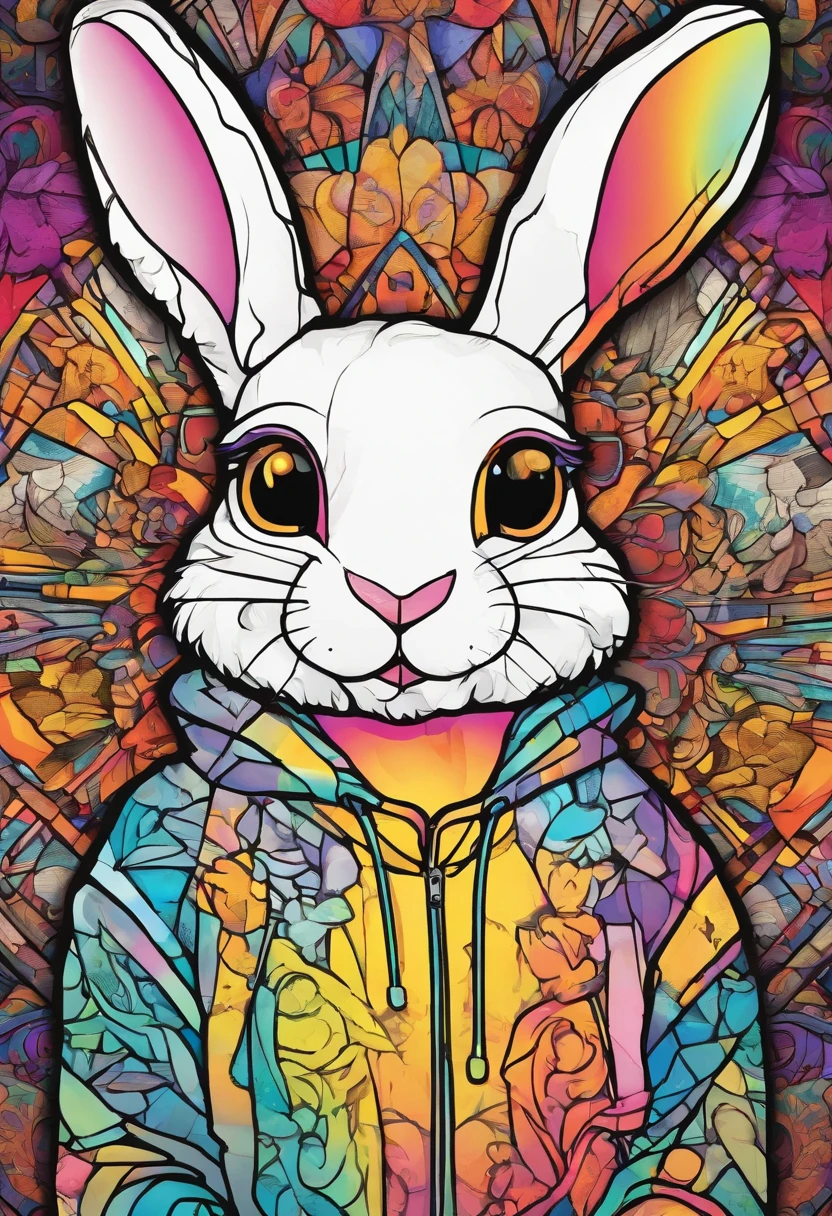 Cool and trendy rabbits, rainbow-colored hair, Yellow eyes, Wear trendy hip-hop clothes, Wearing a hoodie, Graphic T-shirt and ripped jeans, Lots of tattoos and piercings, Doodle style background, Highly detailed background, perfect masterpiece, High quality, High resolution