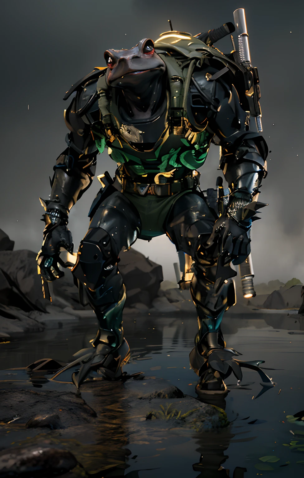 ((Cool toad in full growth)), ((Battle Toad Game)), ((Testosterone special forces warrior)), ((Waterfowl diver)),((Cheerful, strong warrior - toad)), Strong arms, broad shoulders , webbed fingers and toes. Legs are flippers. A serious opponent, armed with a tactical knife on his belt, chest pockets, diving equipment on his back. Light weapon on the belt. Green skin, blisters, pimples, green disguise. Swamp, greenery, fog, nature, pond.
Animated character, three-dimensional film, high quality skin textures, wet shine on the body. Light from the side, heroic shot. Best quality 3D animation, unreal engine, | Ultra HD | Full HD, cinematic rendering, 3D visualization - a masterpiece, TOP computer graphics ART. 8K, motion capture, skin pores, dark lighting, shading, detailed body rigging. (vivid, photorealistic, dramatic, dark, sharp focus, 8K). High detail textures, fabric, leather, metal, bone. Textures, high quality, (shades of gray, green, black elements, metallic shine), Military equipment on a loose torso, diving suit. Film grain, water, shine on the skin, humid air, the contrast of cold shadows and warm golden light. Behind the character, dark dust, a lake-swamp, whirlwinds of dead souls.