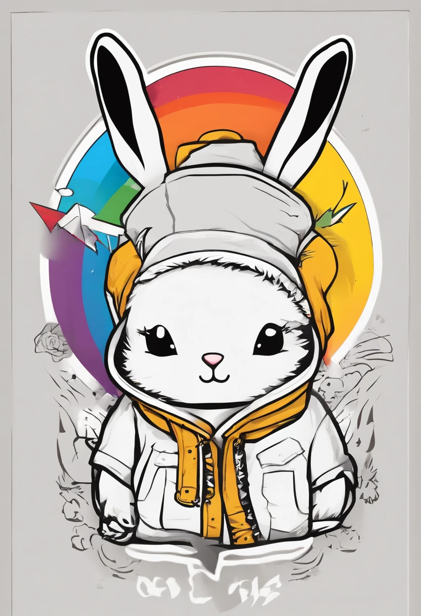 Cool and trendy rabbits, rainbow-colored hair, Yellow eyes, Wear trendy hip-hop clothes, Wearing a hoodie, Graphic T-shirt and ripped jeans, Lots of tattoos and piercings, Doodle style background, Highly detailed background, perfect masterpiece, High quality, High resolution