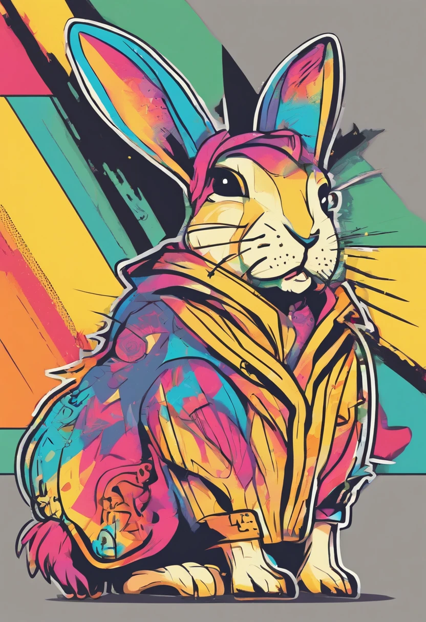 Cool and trendy rabbits, rainbow-colored hair, Yellow eyes, Wear trendy hip-hop clothes, Wearing a hoodie, Graphic T-shirt and ripped jeans, Lots of tattoos and piercings, Doodle style background, Highly detailed background, perfect masterpiece, High quality, High resolution