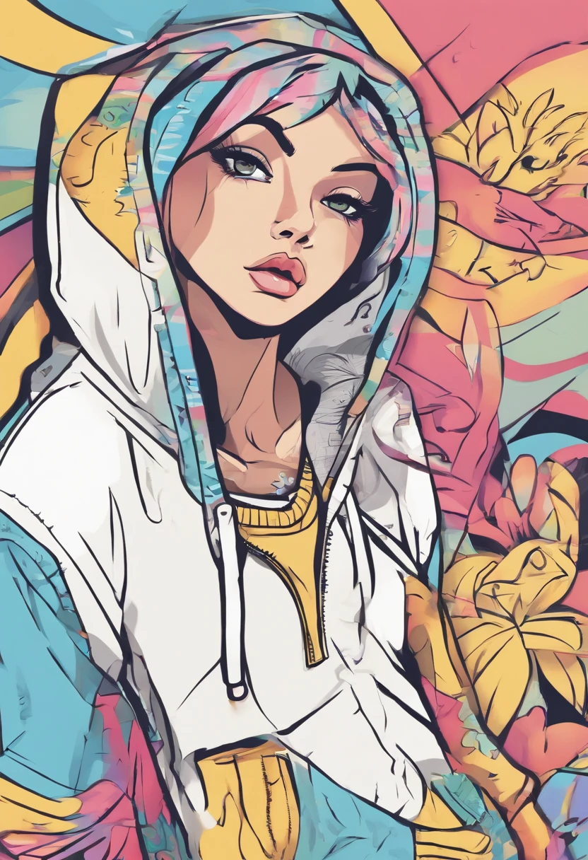Cool and trendy rabbits, rainbow-colored hair, Yellow eyes, Wear trendy hip-hop clothes, Wearing a hoodie, Graphic T-shirt and ripped jeans, Lots of tattoos and piercings, Doodle style background, Highly detailed background, perfect masterpiece, High quality, High resolution
