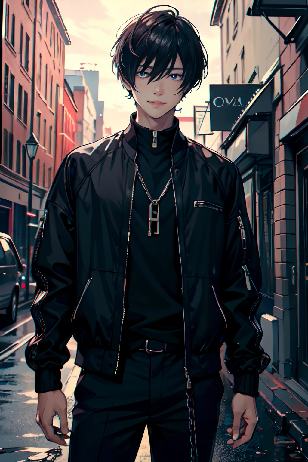 best quality,masterpiece,original,extremely detailed wallpaper,looking at viewer,1boy,solo,male,male focus,black hair,short hair,straight hair with bangs, hair under eyes,black jacket,open jacket,black pants with chains,seductive_smile