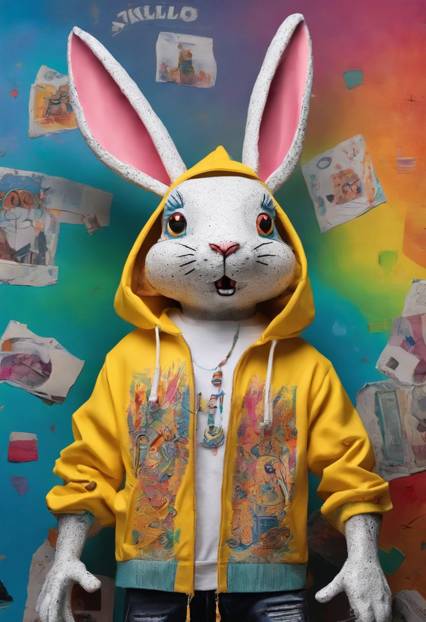 Cool and trendy rabbits, rainbow-colored hair, Yellow eyes, Wear trendy hip-hop clothes, Wearing a hoodie, Graphic T-shirt and ripped jeans, Lots of tattoos and piercings, Doodle style background, Highly detailed background, perfect masterpiece, High quality, High resolution