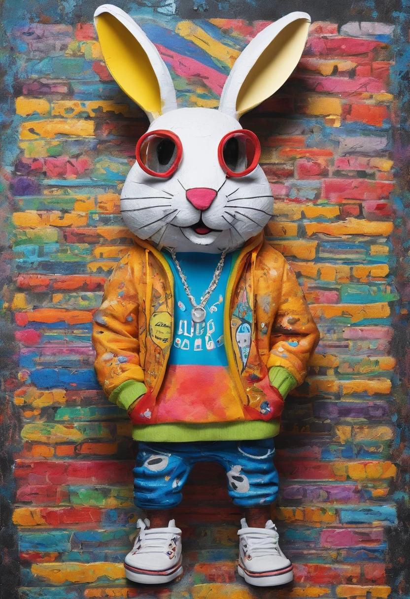 Cool and trendy rabbits, rainbow-colored hair, Yellow eyes, Wear trendy hip-hop clothes, Wearing a hoodie, Graphic T-shirt and ripped jeans, Lots of tattoos and piercings, Doodle style background, Highly detailed background, perfect masterpiece, High quality, High resolution