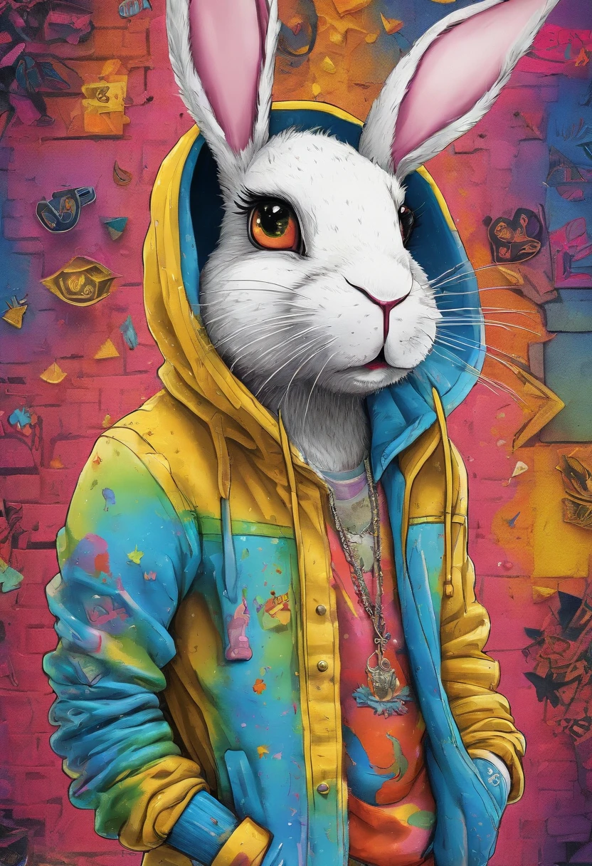 Cool and trendy rabbits, rainbow-colored hair, Yellow eyes, Wear trendy hip-hop clothes, Wearing a hoodie, Graphic T-shirt and ripped jeans, Lots of tattoos and piercings, Doodle style background, Highly detailed background, perfect masterpiece, High quality, High resolution