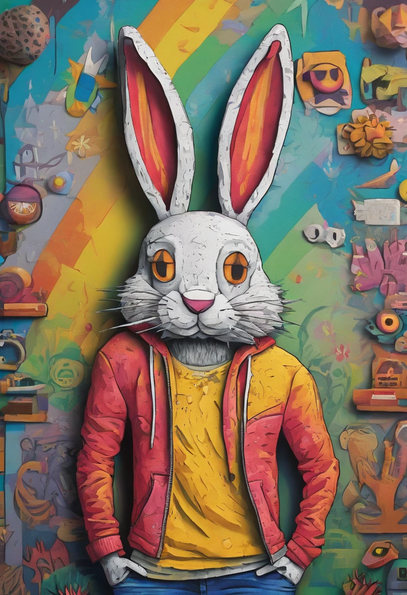 Cool and trendy rabbits, rainbow-colored hair, Yellow eyes, Wear trendy hip-hop clothes, Wearing a hoodie, Graphic T-shirt and ripped jeans, Lots of tattoos and piercings, Doodle style background, Highly detailed background, perfect masterpiece, High quality, High resolution