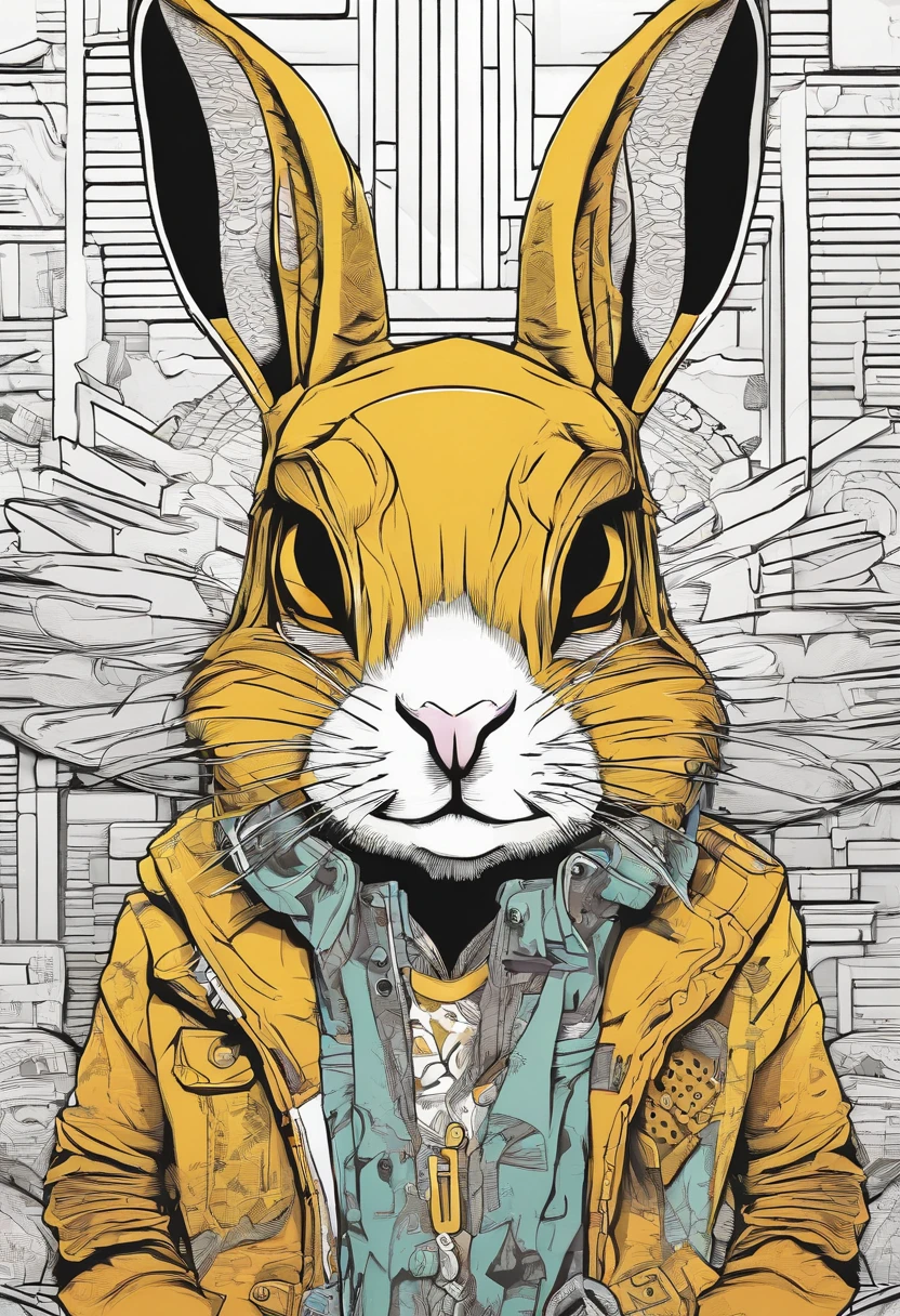 Cool and trendy rabbits, rainbow-colored hair, Yellow eyes, Wear trendy hip-hop clothes, Wearing a hoodie, Graphic T-shirt and ripped jeans, Lots of tattoos and piercings, Doodle style background, Highly detailed background, perfect masterpiece, High quality, High resolution