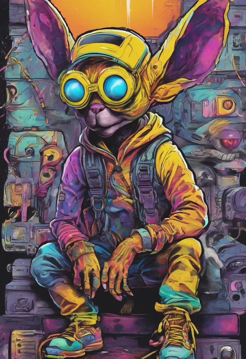 Cool and trendy rabbits, rainbow-colored hair, Yellow eyes, Wear trendy hip-hop clothes, Wearing a hoodie, Graphic T-shirt and ripped jeans, Lots of tattoos and piercings, Doodle style background, Highly detailed background, perfect masterpiece, High quality, High resolution
