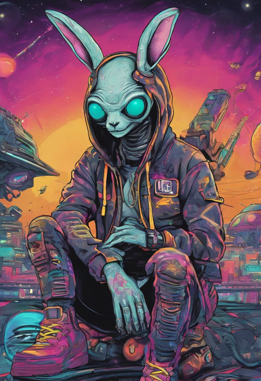 Cool and trendy rabbits, rainbow-colored hair, Yellow eyes, Wear trendy hip-hop clothes, Wearing a hoodie, Graphic T-shirt and ripped jeans, Lots of tattoos and piercings, Doodle style background, Highly detailed background, perfect masterpiece, High quality, High resolution