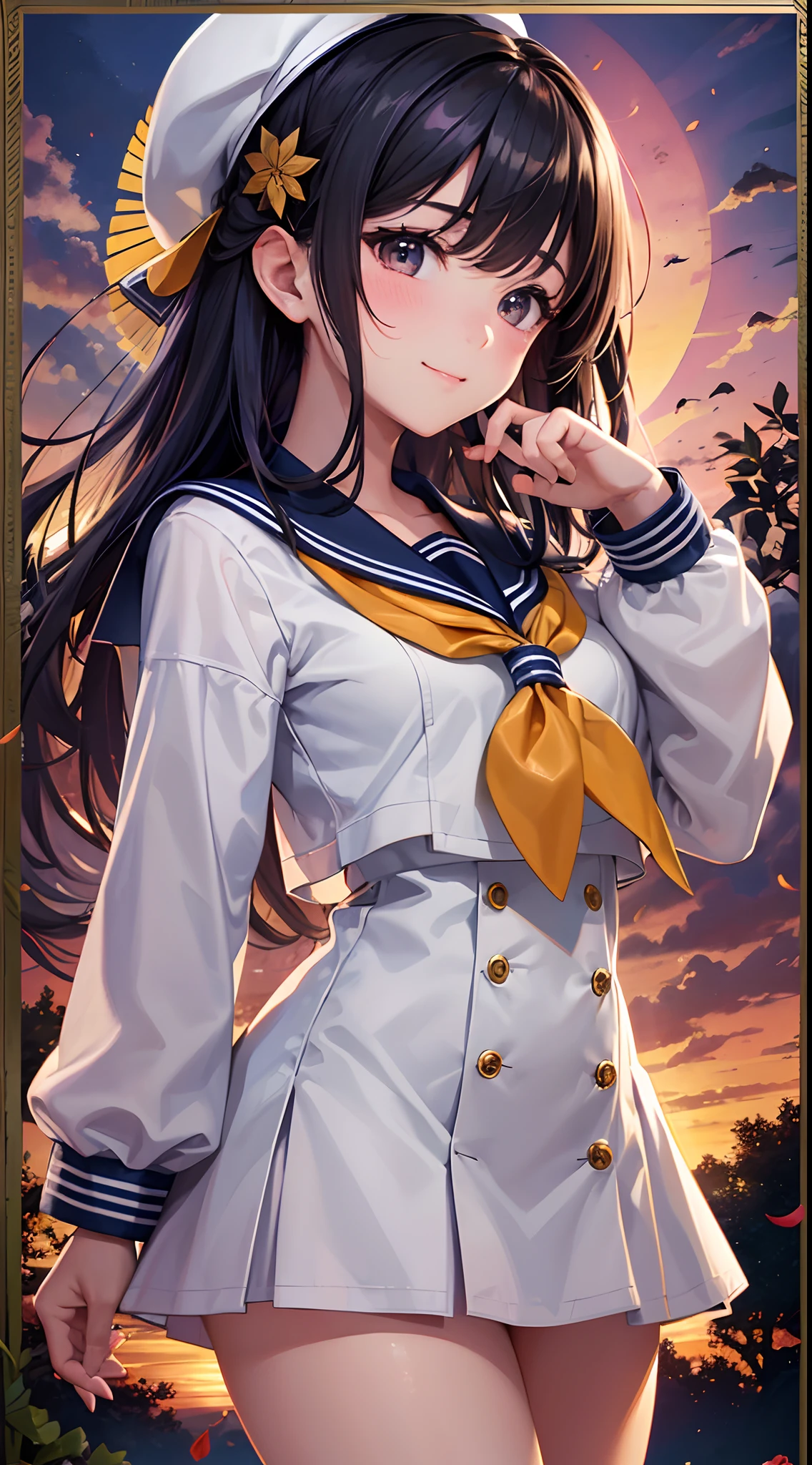 ((Finest quality)),(超A high resolution),(ultra-detailliert),(Meticulous portrayal),((Best CG)),(Finest works of art),Ultra-Precision Art,The art of astounding depiction, (Evening glow:1.3),(Sunset sky:1.3), 1 schoolgirl:1.5),,a sailor suit:1.5 Smile at the sight of a puppy:1.3, Colored leaves