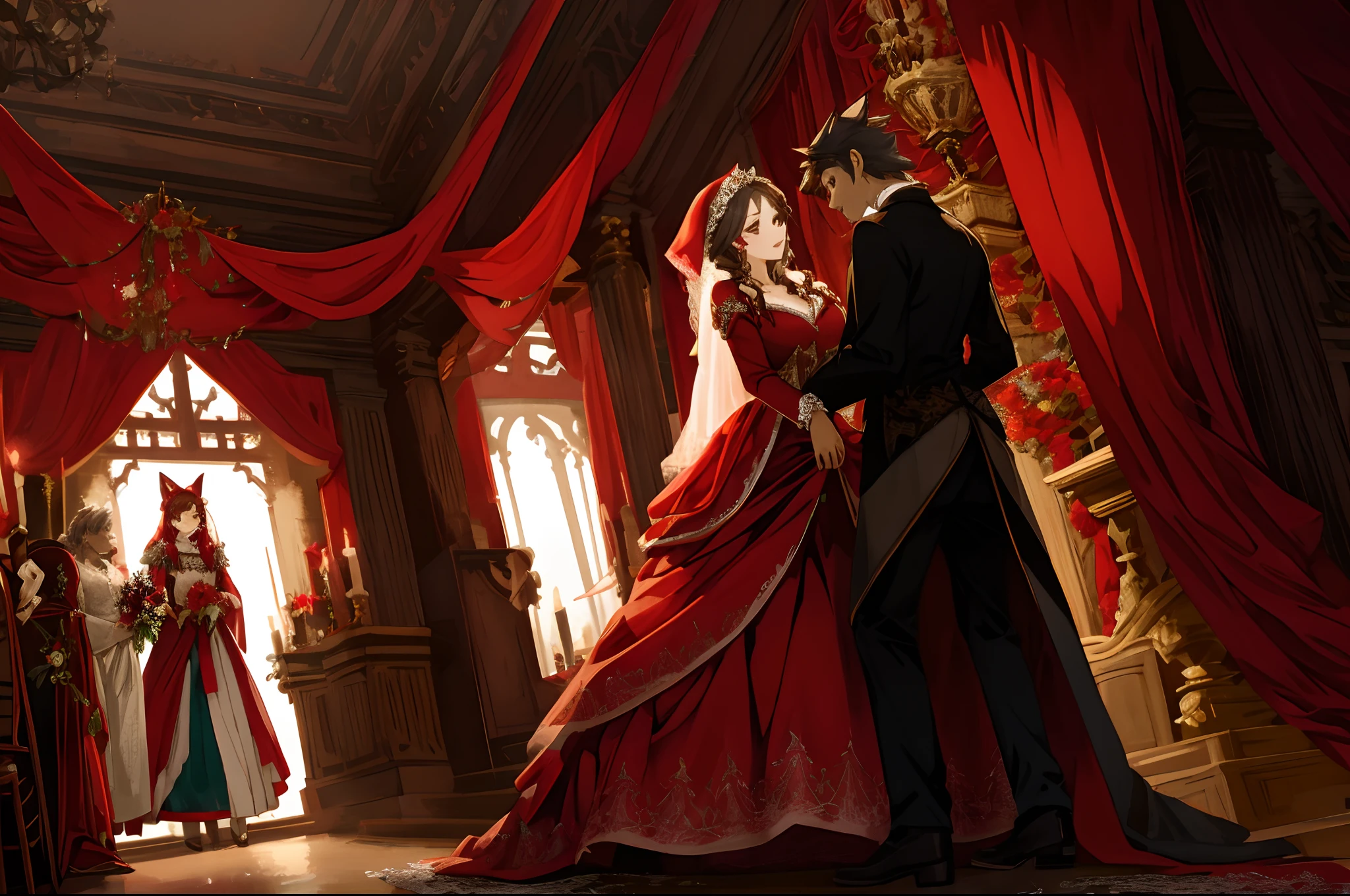 cover_page, Fairy tale wedding. Red Riding Hood, wolf, grandmother elegant gown, hunter sharp suit, romantic, lavish decorations, ceremony,
