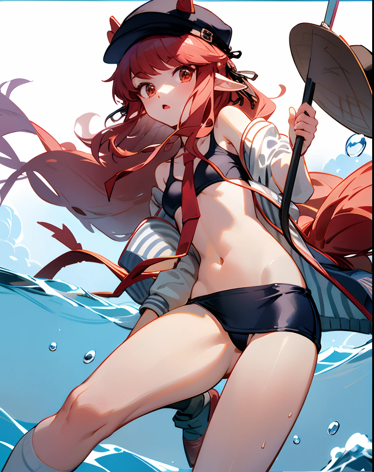 cropped shoulders，knee length socks，Stand up，With a hat on，standing straight，leather shoes，swimming uniform