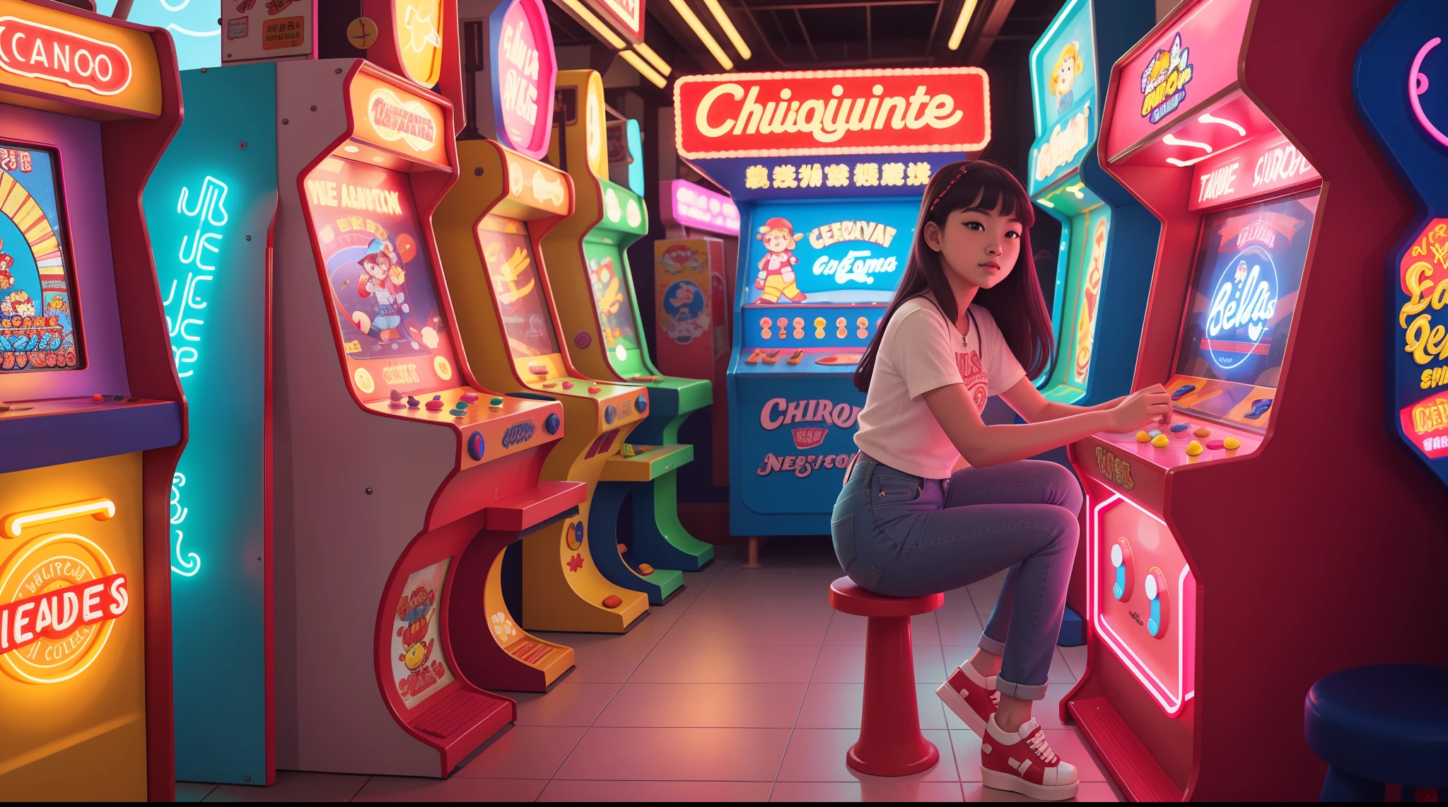 chiquita,In a retro Tokyo arcade, A ager in flared jeans and platform shoes confidently dominates a vintage arcade game,Neon lights add a vibrant glow,Brand new arcade