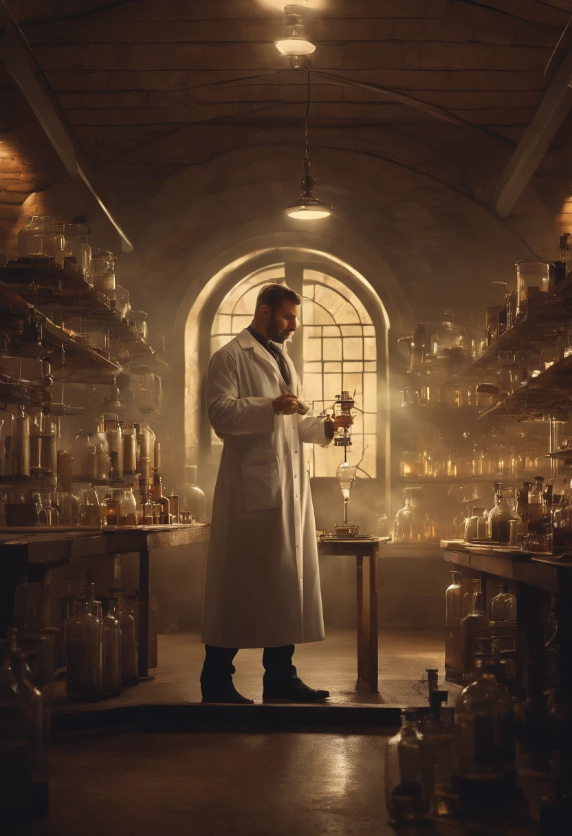 arafed man in a lab holding a glass with a liquid inside, he is in a alchemist lab, mad scientist working, portrait of a rat mad scientist, poetic sequence in mr. clean, russian lab experiment, elite scientist, portrait of a male hydromancer, scientist, in an underground laboratory, foxish guy in a lab coat, molecular