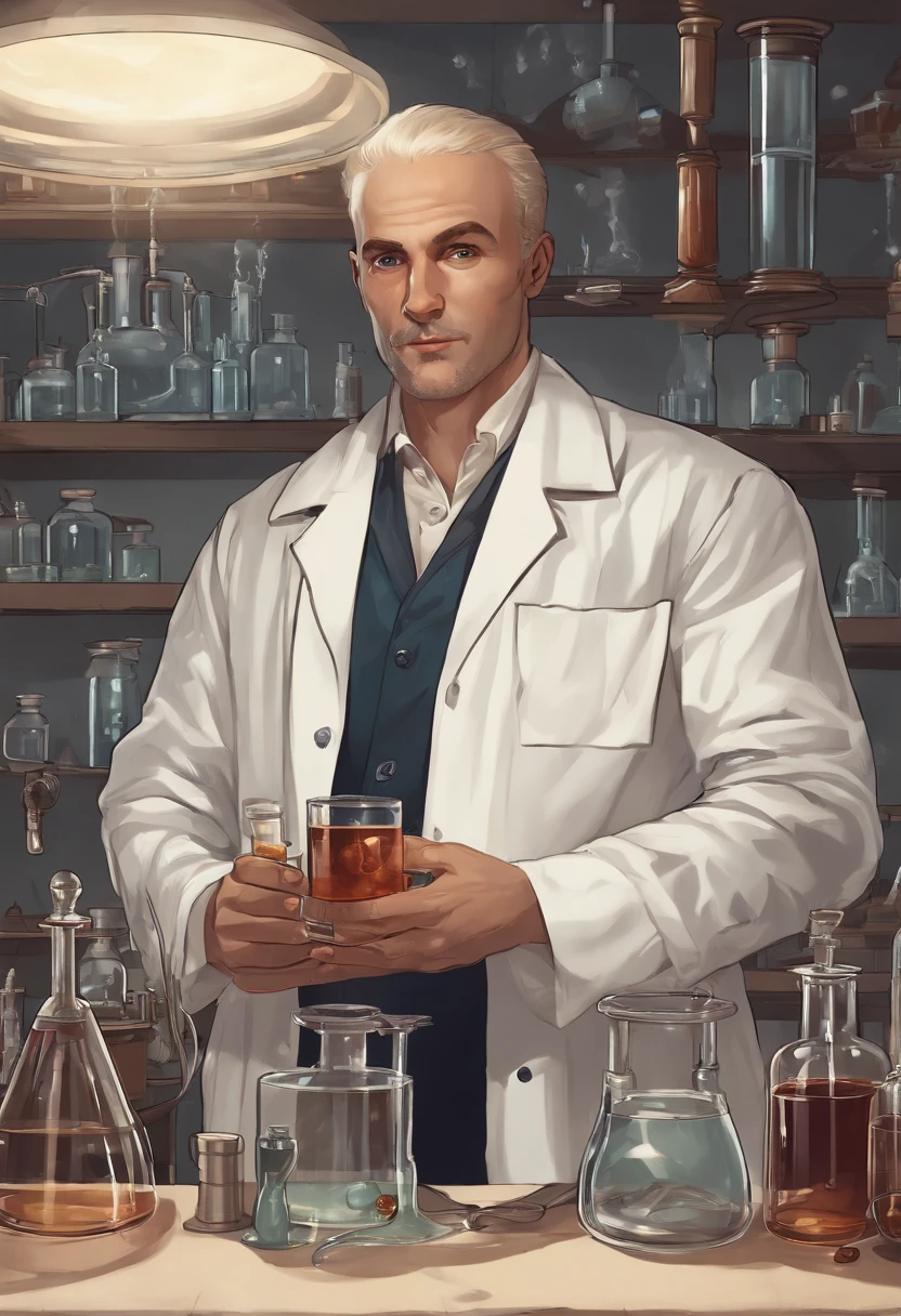 arafed man in a lab holding a glass with a liquid inside, he is in a alchemist lab, mad scientist working, portrait of a rat mad scientist, poetic sequence in mr. clean, russian lab experiment, elite scientist, portrait of a male hydromancer, scientist, in an underground laboratory, foxish guy in a lab coat, molecular