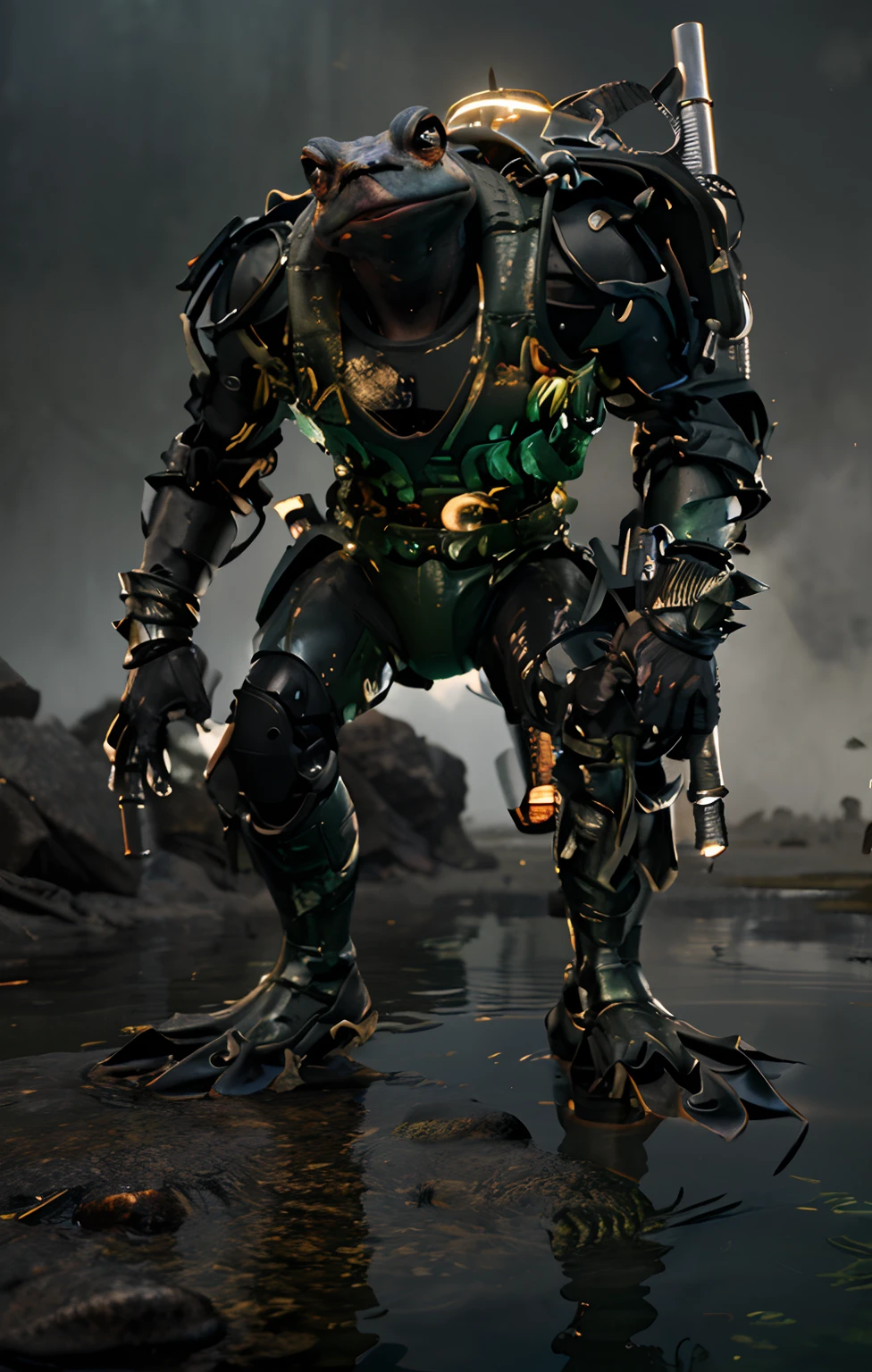 ((Cool toad in full growth)), ((Battle Toad Game)), ((Testosterone special forces warrior)), ((Waterfowl diver)),((Cheerful, strong warrior - toad)), Strong arms, broad shoulders , webbed fingers and toes. Legs are flippers. A serious opponent, armed with a tactical knife on his belt, chest pockets, diving equipment on his back. Light weapon on the belt. Green skin, blisters, pimples, green disguise. Swamp, greenery, fog, nature, pond.
Animated character, three-dimensional film, high quality skin textures, wet shine on the body. Light from the side, heroic shot. Best quality 3D animation, unreal engine, | Ultra HD | Full HD, cinematic rendering, 3D visualization - a masterpiece, TOP computer graphics ART. 8K, motion capture, skin pores, dark lighting, shading, detailed body rigging. (vivid, photorealistic, dramatic, dark, sharp focus, 8K). High detail textures, fabric, leather, metal, bone. Textures, high quality, (shades of gray, green, black elements, metallic shine), Military equipment on a loose torso, diving suit. Film grain, water, shine on the skin, humid air, the contrast of cold shadows and warm golden light. Behind the character, dark dust, a lake-swamp, whirlwinds of dead souls.