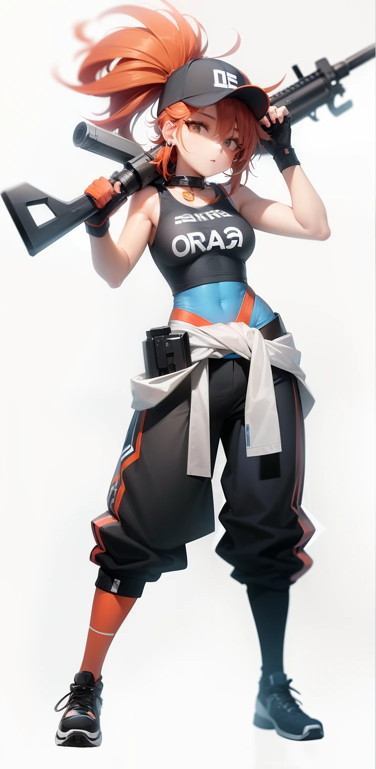 Woman with black baseball cap on her head, Female protagonist,Orange-red hair,White clothes tied around the waist,Blue Tops,Slender posture,M4A1 rifle,Perfect posture,looking at the screen,Charming eyes,pretty face,Beautiful face,stunningly beautiful,high qulity,high-definition picture quality,Proud eyes,On the high horse。