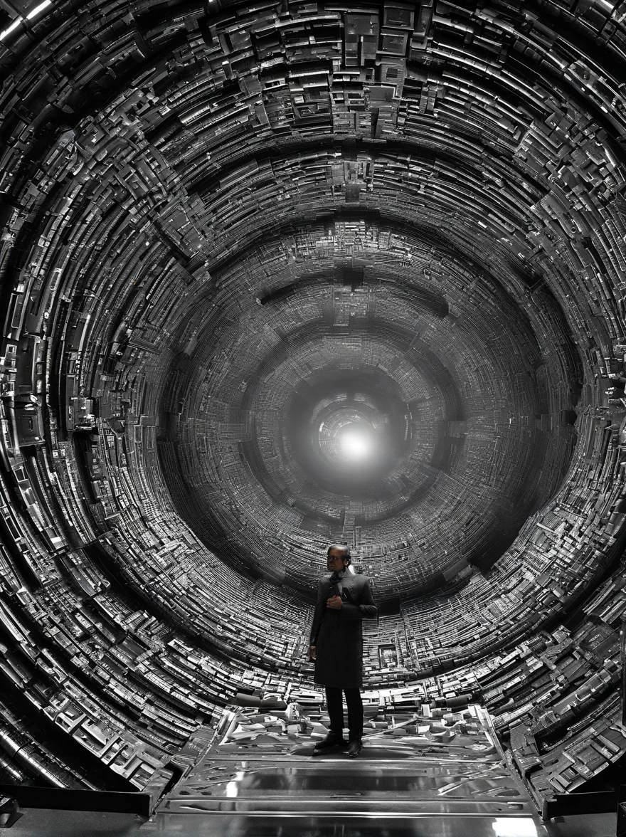 Technological and Futuristic Aesthetics of the Stargate: The Stargate should look highly technological, with a shiny, pulsating metallic surface. Lighting details on the edges can enhance its technological aspect.
Man on the Verge of the Stargate: O homem deve estar na frente do Stargate, holding a technological device and looking back with a surprised look as he walks through the portal.
ancient inscriptions: The Stargate must have mysterious ancient inscriptions on its surface, adicionando um toque de antiga sabedoria.
cave scenery: Tudo acontece no interior de uma caverna escura, com estalactites e estalagmites, criando uma atmosfera misteriosa.
Ambiente Sinistro: A caverna deve ter um toque sinistro, with mysterious shadows and an unearthly glow in the inscriptions.
Dramatic Lighting Effects: Use dramatic lighting to create contrast between light and dark, destacando o Stargate e o viajante.
Detalhes do Equipamento do Viajante: The traveler must be equipped with futuristic devices and costumes that suggest preparation for time travel, including buttons and flashing lights.