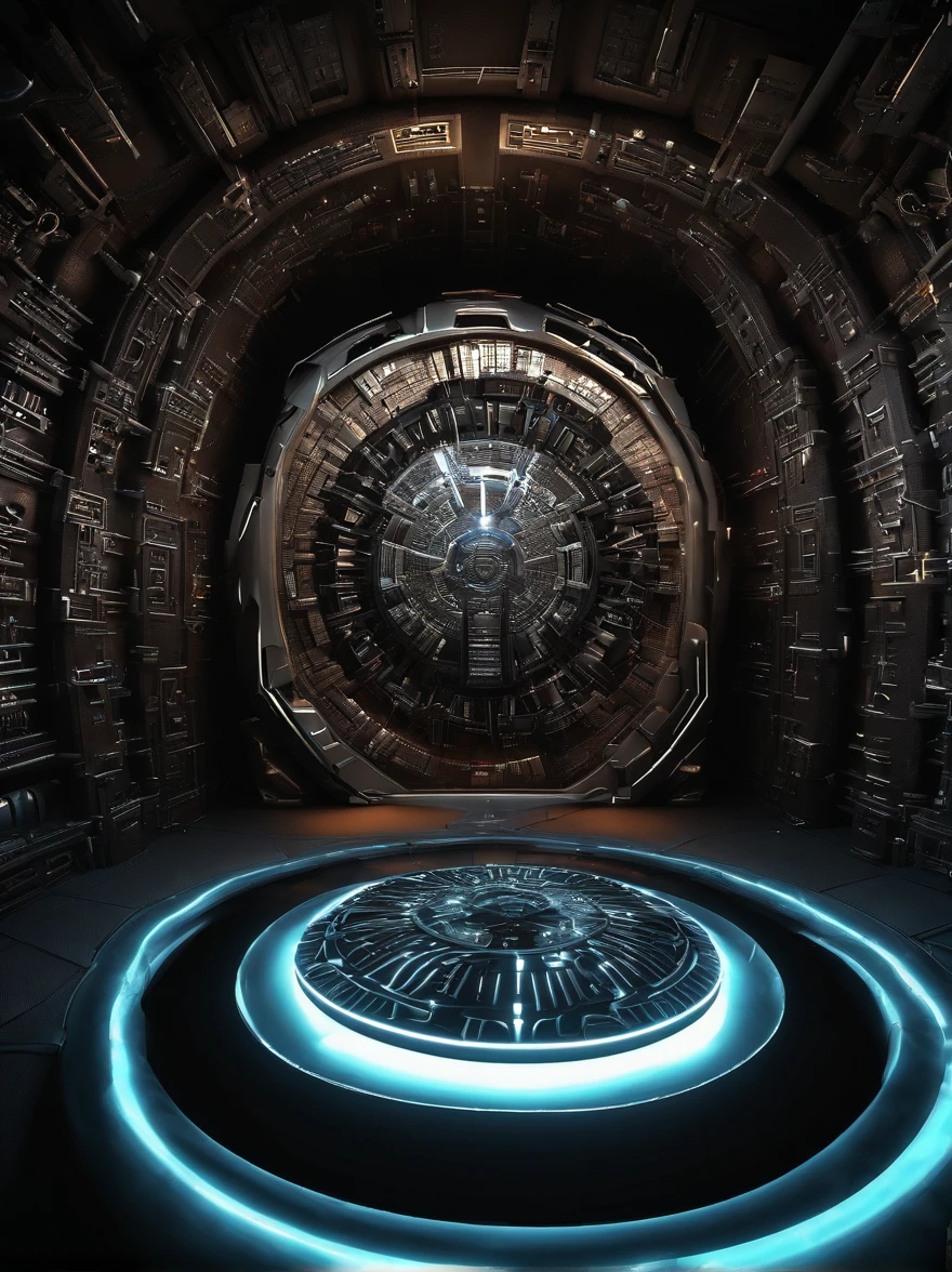 Technological and Futuristic Aesthetics of the Stargate: The Stargate should look highly technological, with a shiny, pulsating metallic surface. Lighting details on the edges can enhance its technological aspect.

Man on the Verge of the Stargate: O homem deve estar na frente do Stargate, holding a technological device and looking back with a surprised look as he walks through the portal.

ancient inscriptions: The Stargate must have mysterious ancient inscriptions on its surface, adicionando um toque de antiga sabedoria.

cave scenery: Tudo acontece no interior de uma caverna escura, com estalactites e estalagmites, criando uma atmosfera misteriosa.

Ambiente Sinistro: A caverna deve ter um toque sinistro, with mysterious shadows and an unearthly glow in the inscriptions.

Dramatic Lighting Effects: Use dramatic lighting to create contrast between light and dark, destacando o Stargate e o viajante.

Detalhes do Equipamento do Viajante: The traveler must be equipped with futuristic devices and costumes that suggest preparation for time travel, including buttons and flashing lights.