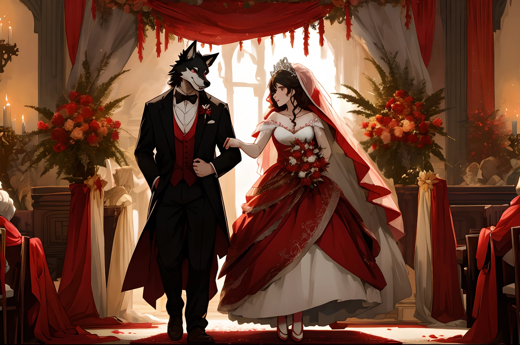 cover_page, Fairy tale wedding. Red Riding Hood, wolf, grandmother elegant gown, hunter sharp suit, romantic, lavish decorations, ceremony,
