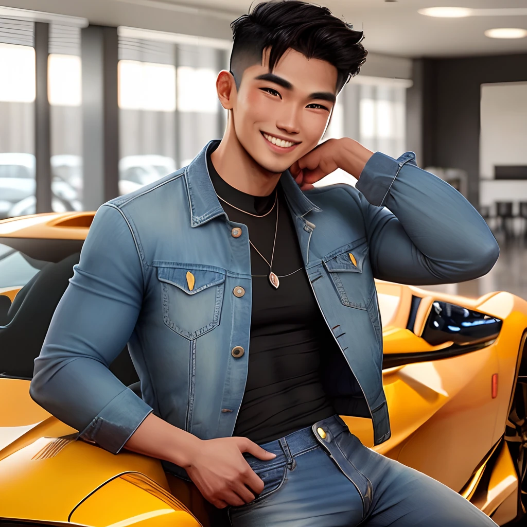 A photo of a handsome, hunky malay man posing with his satin-black ferrari f8, hunk, bachelor, 25 years old, wearing denim jacket and jeans, smiling at camera