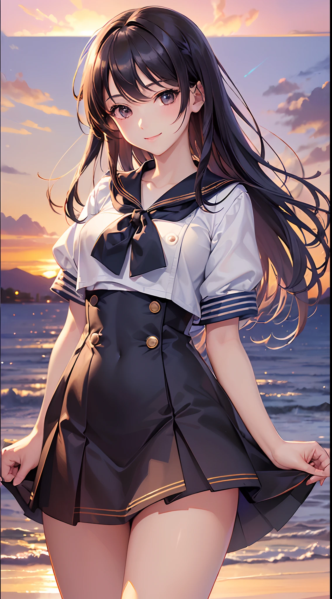 ((Finest quality)),(超A high resolution),(ultra-detailliert),(Meticulous portrayal),((Best CG)),(Finest works of art),Ultra-Precision Art,The art of astounding depiction, (Evening glow:1.3),(Sunset sky:1.3), 1 schoolgirl:1.5),,a sailor suit:1.5 Smile at the sight of a puppy:1.3,