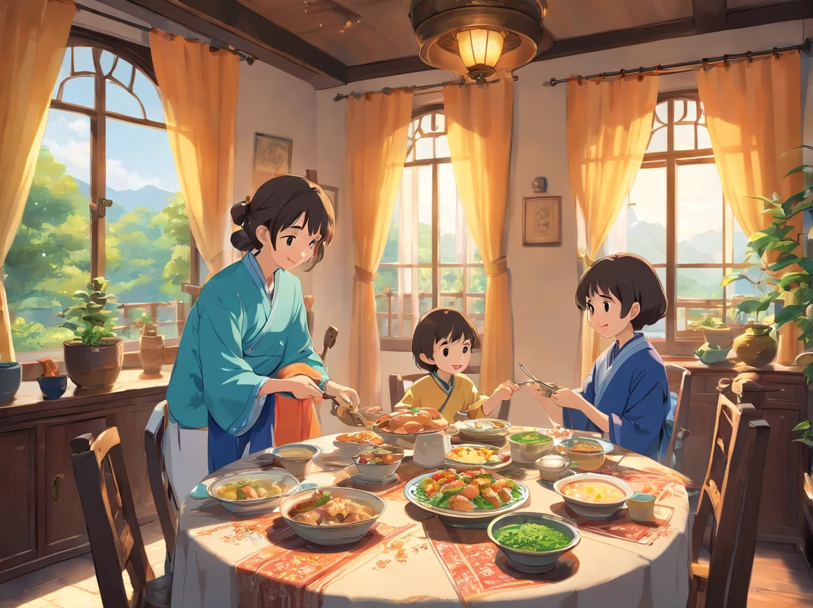 A boy in blue clothes is busy preparing tools for catching grasshoppers next to a round table. His parents, grandparents, and sister are sitting around the table having breakfast. The table is filled with a variety of delicious ZHUANG ethnic food. The sunlight filters through the curtains, illuminating the table and bringing smiles to the faces of the family.+(best quality,4k,8k,highres,masterpiece:1.2),ultra-detailed,(realistic,photorealistic,photo-realistic:1.37),colorful,joyful,morning light,indoor+portrait,landscape,happy family,happiness,hope,love,tradition,family gathering,breakfast,family meal,dining together,zhuang food,round table,detailed tablecloth,colorful dishes,ethnic culture,family tradition,bliss,curtains,window light