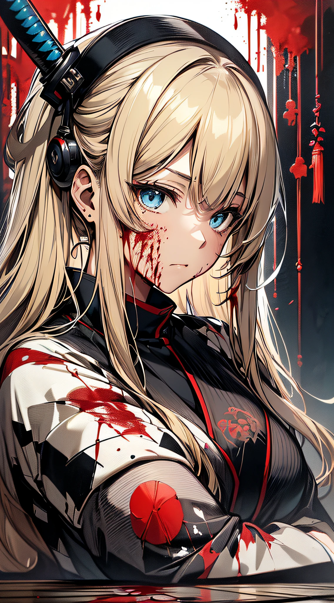 top-quality、Top image quality、masterpiece、girl with((cute little、18year old、Best Bust、Medium bust、Bust 85,Beautiful blue eyes、Breasts wide open,Valley、Blonde long hair、A slender、Black Samurai Costume、Exhausted face,He holds a sword in his right hand Japan、black and white color scheme、systemic return blood、Reflecting the whole body、sit in))hiquality、Beautiful Art、Background with((Japanese-style room、The screen is covered in blood、Bloody tatami mats、Bloody fusuma、Shoji with blood)),masutepiece、Elaborate design、visualart、depth of fields、The best lighting、highestdetailed、8k,、Art of Kurosawa World