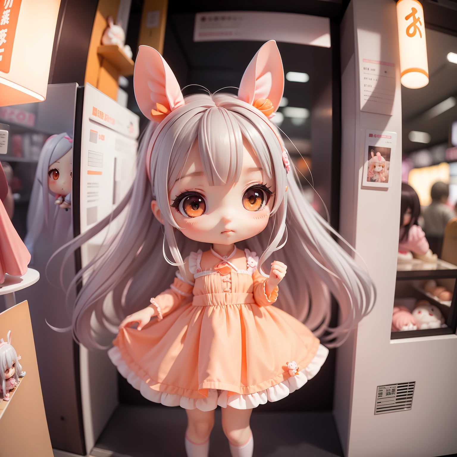 masterpiece、detaileds、Soft lighting、pink dress、Rabbit eared girl with long gray hair、Orange-eyed chibi、akihabara