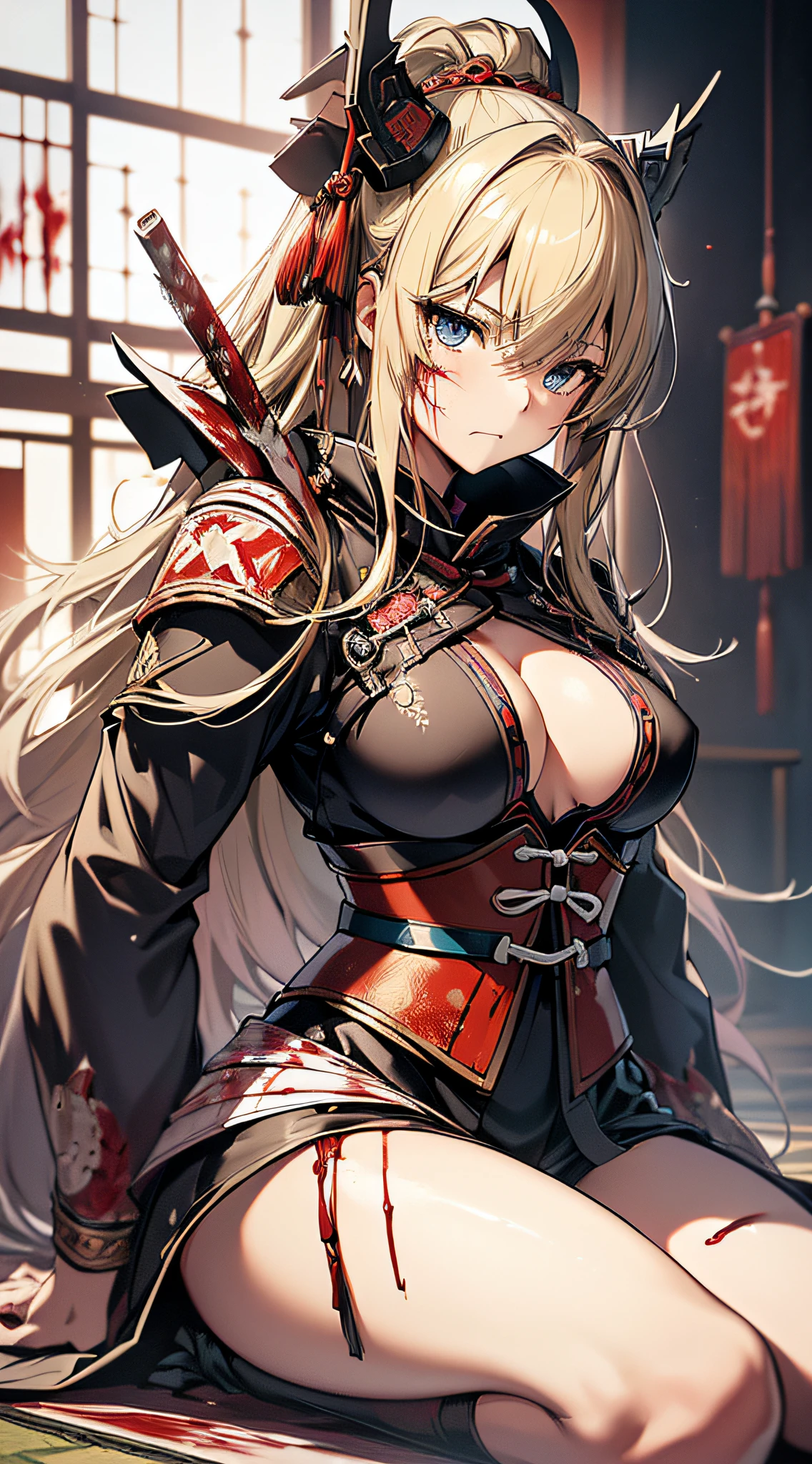 top-quality、Top image quality、masterpiece、girl with((cute little、18year old、Best Bust、Medium bust、Bust 85,Beautiful blue eyes、Breasts wide open,Valley、Blonde long hair、A slender、Black Samurai Costume、Exhausted face,He holds a sword in his right hand Japan、black and white color scheme、systemic return blood、Reflecting the whole body、sit in))hiquality、Beautiful Art、Background with((Japanese-style room、The screen is covered in blood、Bloody tatami mats、Bloody fusuma、Shoji with blood)),masutepiece、Elaborate design、visualart、depth of fields、The best lighting、highestdetailed、8k,、Art of Kurosawa World