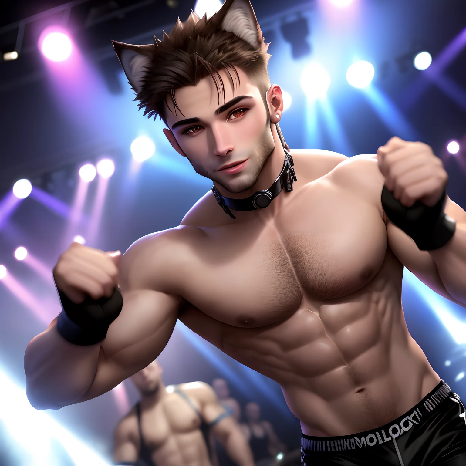 Gay muscular male wolf techno dancing in a club hairy torso