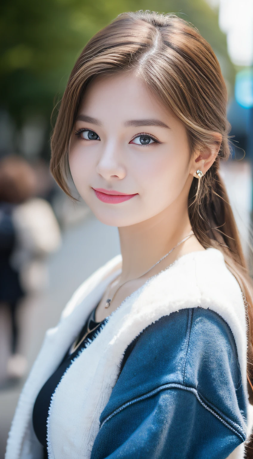 Full Body Angle、((highest quality, 8K, masterpiece: 1.3)), concentrated: 1.2, Cute girl 1,Nipples erect、 Perfect beauty: 1.4,Crisscross V-neck T-shirt, Casual summer short sleeve t-shirt: 1.2,Long sleeve、Randall Color、comics&Text Graphics、Black ruffle-trimmed drawstring zip blouse,1.1, Highly detailed face and skin textures, Fine grain, double eyelid, whitening skin, ,highest quality,Ultra-high resolution,you,1 girl,alone,_Shiny_skin,Iris,necklace,((Brown_length_Wavy_hair)),(lips)),eyelash,Front hair,deal with,compensate,Shiny,pore,skin texture,Large Breasts、smiling face、