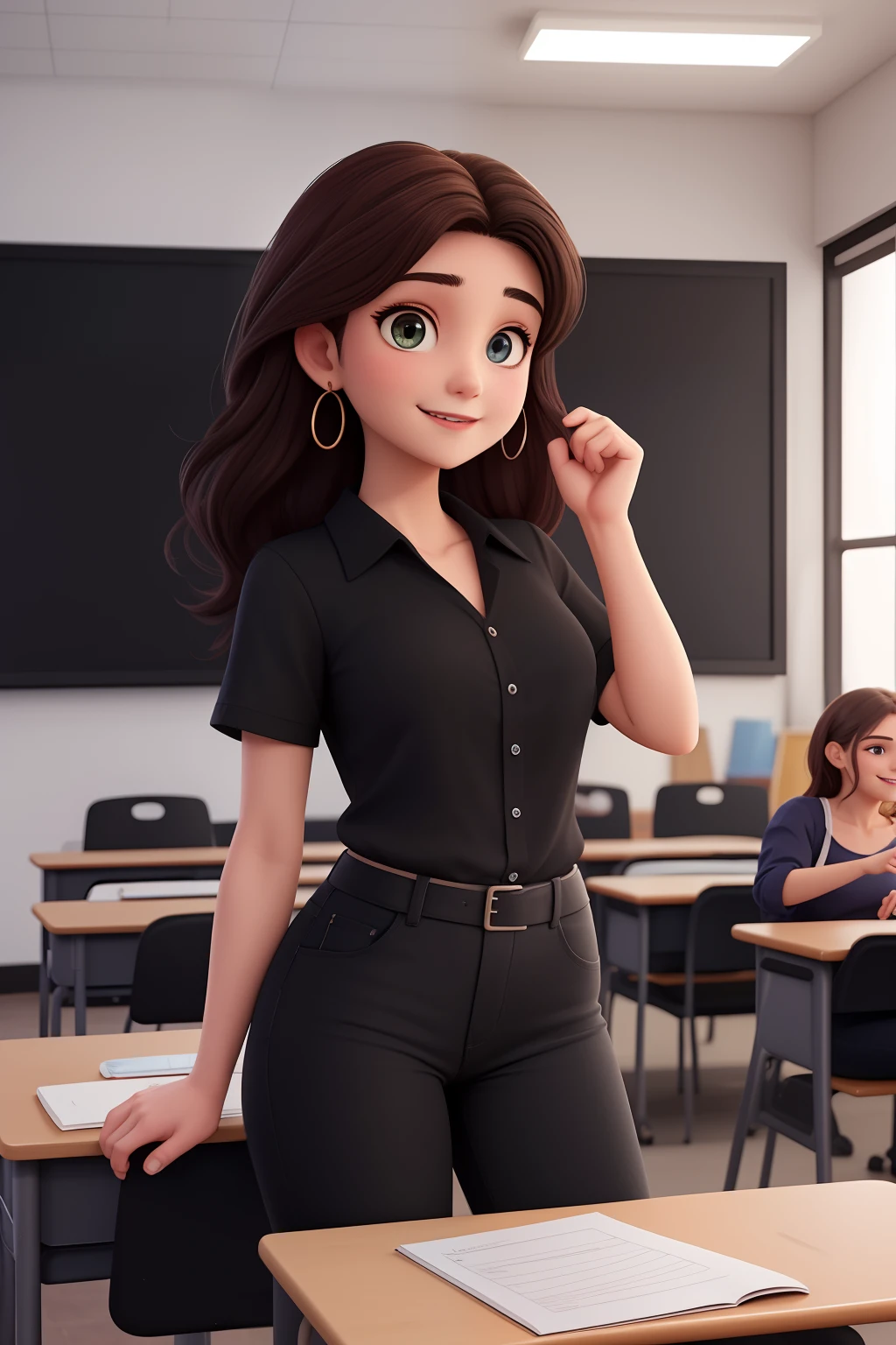 Uma mulher de 18 anos, com longos cabelos castanhos, Rosto redondo, sorriso encantador, e olhos castanhos, Classroom with studio lighting, sign language interpreter and sign language teacher wearing black outfit, black blouse and black jeans