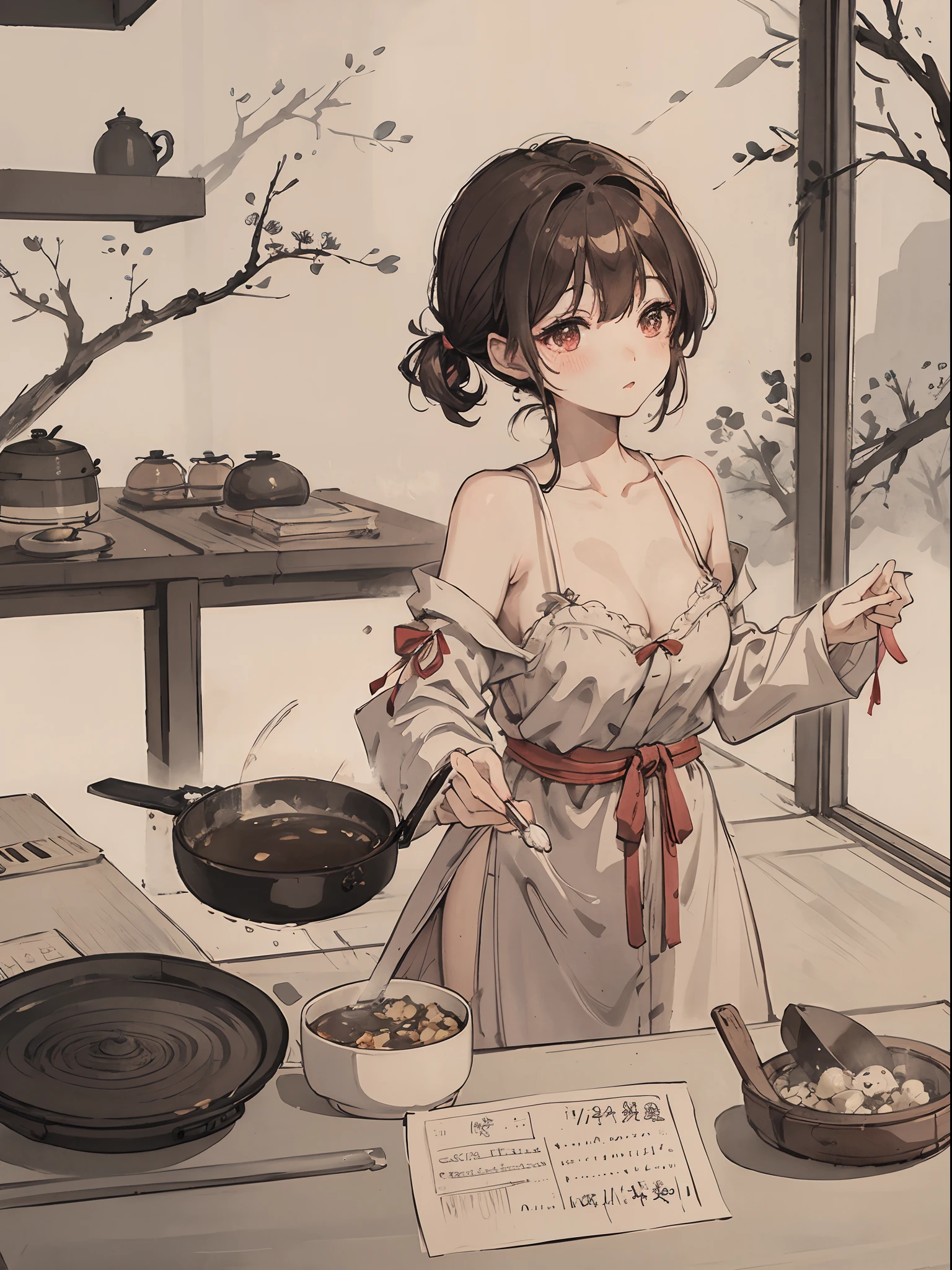 Best Quality、Night view outside the window、Light brown skin、s Pajamas、cleavage of the breast、short-hair、femele、独奏、Very cute、、Midnight、Brown hair、、I want to blush、bending forward、Bedroom、Wink、cooking a、twinkling、Kamimei、Holding a frying pan、Making breakfast、