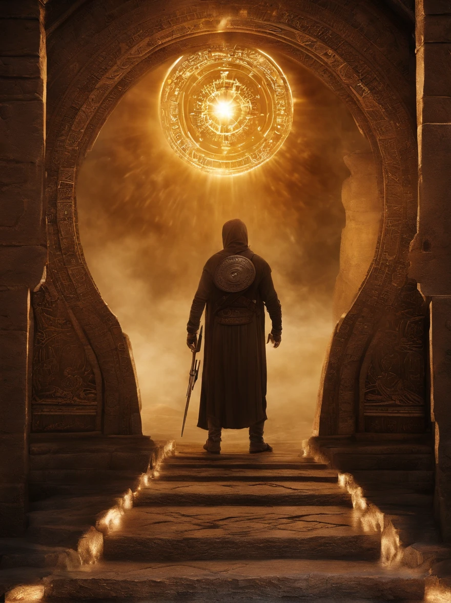 Technological and Futuristic Aesthetics of the Stargate: The Stargate should look highly technological, with a shiny, pulsating metallic surface. Lighting details on the edges can enhance its technological aspect.
Man on the Verge of the Stargate: O homem deve estar na frente do Stargate, holding a technological device and looking back with a surprised look as he walks through the portal.
ancient inscriptions: The Stargate must have mysterious ancient inscriptions on its surface, adicionando um toque de antiga sabedoria.
cave scenery: Tudo acontece no interior de uma caverna escura, com estalactites e estalagmites, criando uma atmosfera misteriosa.
Ambiente Sinistro: A caverna deve ter um toque sinistro, with mysterious shadows and an unearthly glow in the inscriptions.
Dramatic Lighting Effects: Use dramatic lighting to create contrast between light and dark, destacando o Stargate e o viajante.
Detalhes do Equipamento do Viajante: The traveler must be equipped with futuristic devices and costumes that suggest preparation for time travel, including buttons and flashing lights.
