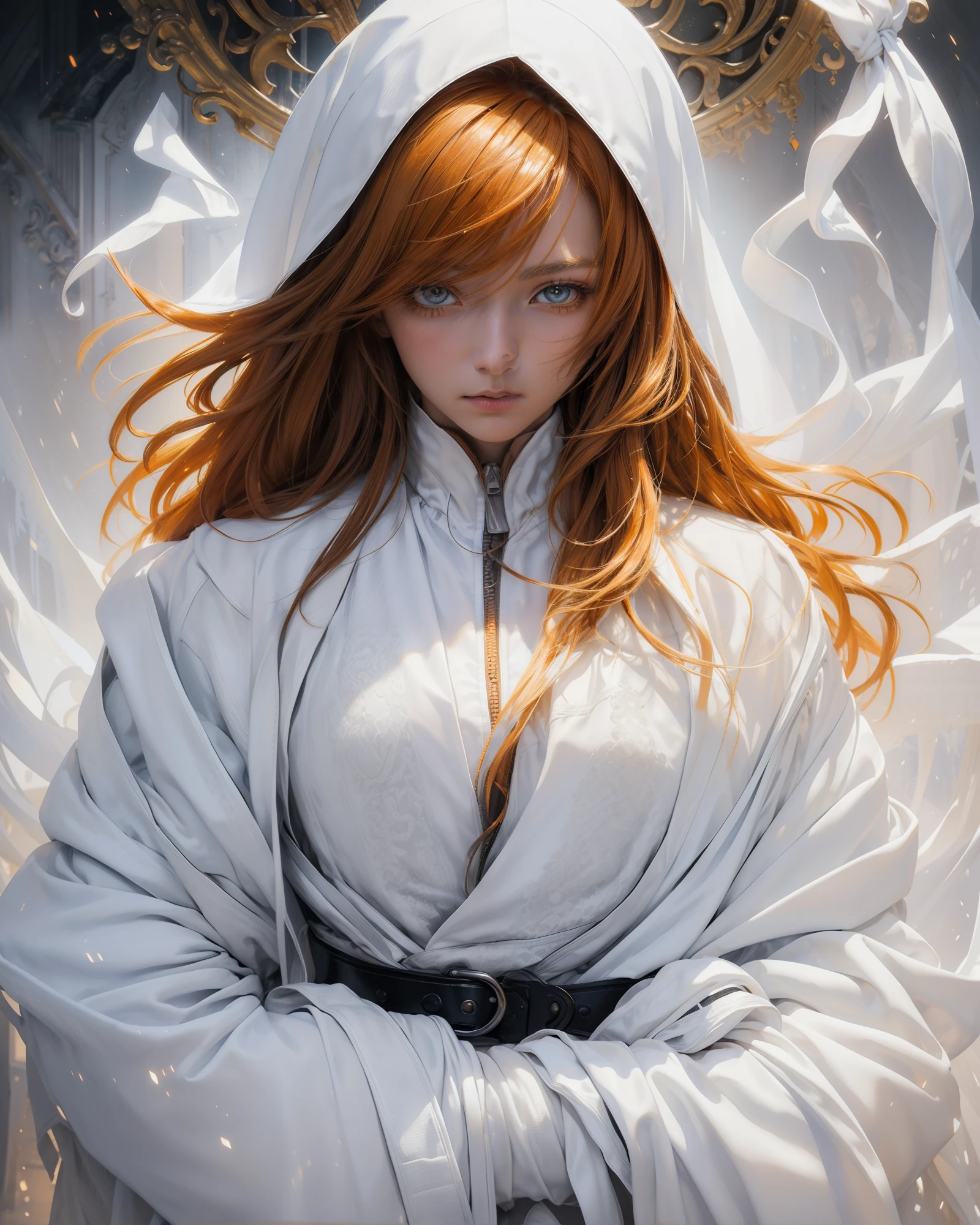 c.c., expressionless, , (masterpiece, best quality, ultra-detailed, best shadow, volumetric lighting), (beautiful detailed face, beautiful detailed eyes), (best illumination),, orange eyes, very long hair, (white straitjacket:1.4), black belt, , (cowboy shot:1.3), intense angle,, mksks style, beautiful background, professional lighting, landscape with warm Colors,