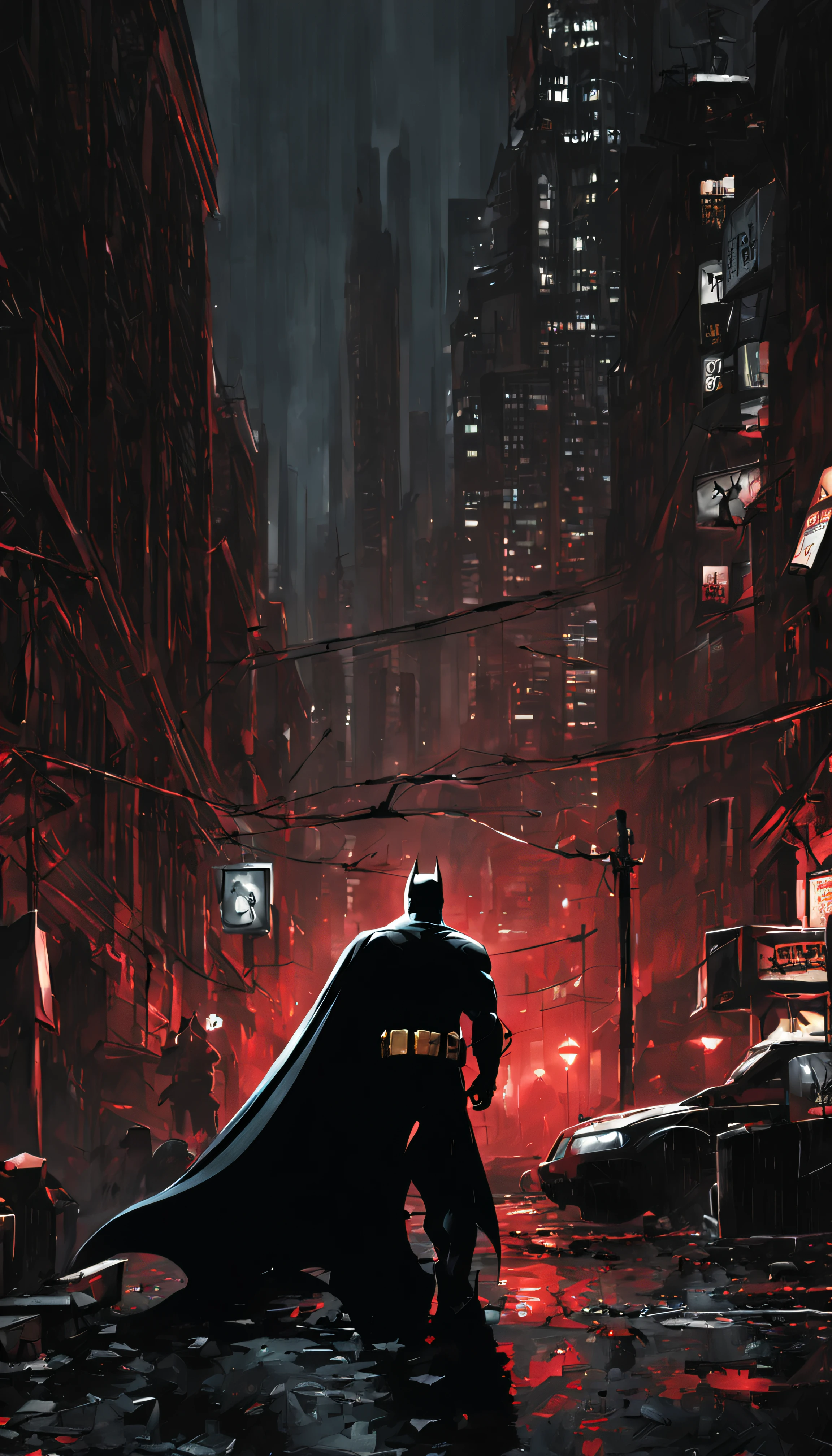 Explore the dark and gritty streets of Gotham City as Batman, the caped crusader, in a stunning noir-style rendering that captures the brooding atmosphere of the city.”to futuristic bad eyes, red eyes