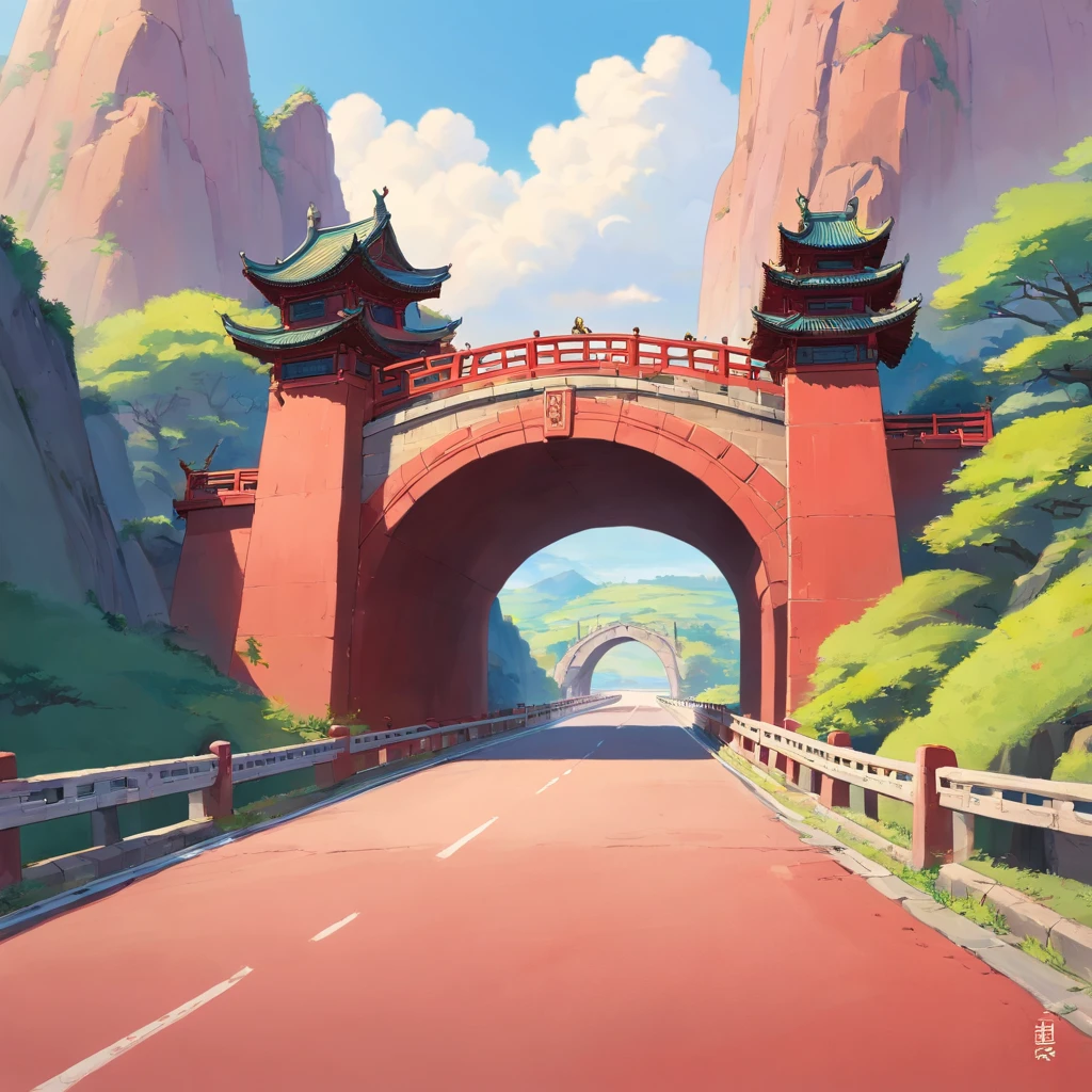 The Chinese style red stone arch bridge that is about to enter，On an empty highway，background is simple，There are no other objects，Positive perspective，Shoot at a very long distance