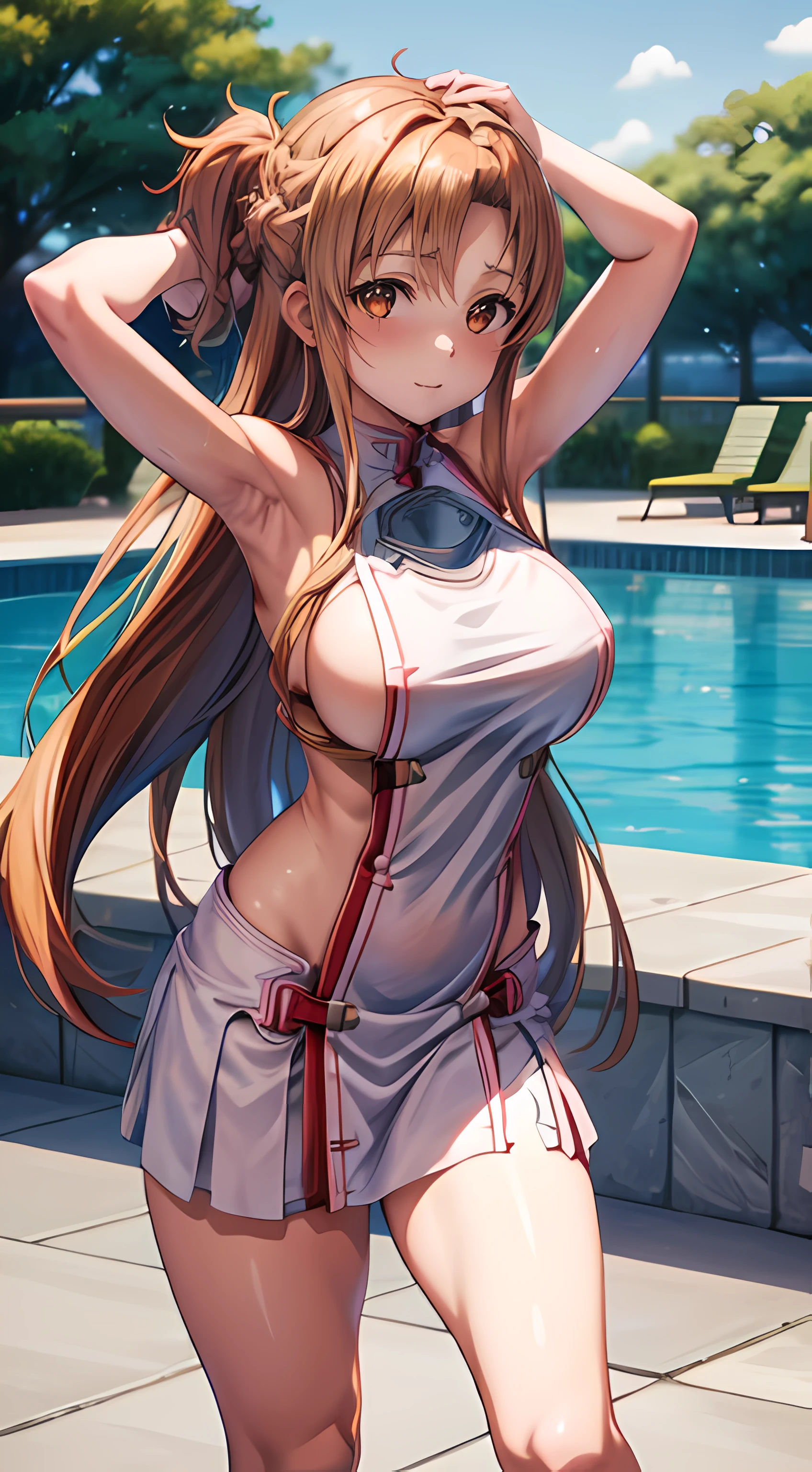 2girls, hight resolution, best pictures,Yuuki Asuna , super precision,、[3D images:1.35]、[[In high-quality anime、Cute Asuna with brown hair and brown eyes:1.15]]、not wearing anything、a pool, big boobs, full naked, naked, sexy girl, raise hand, showing off armpits,showing boobs,