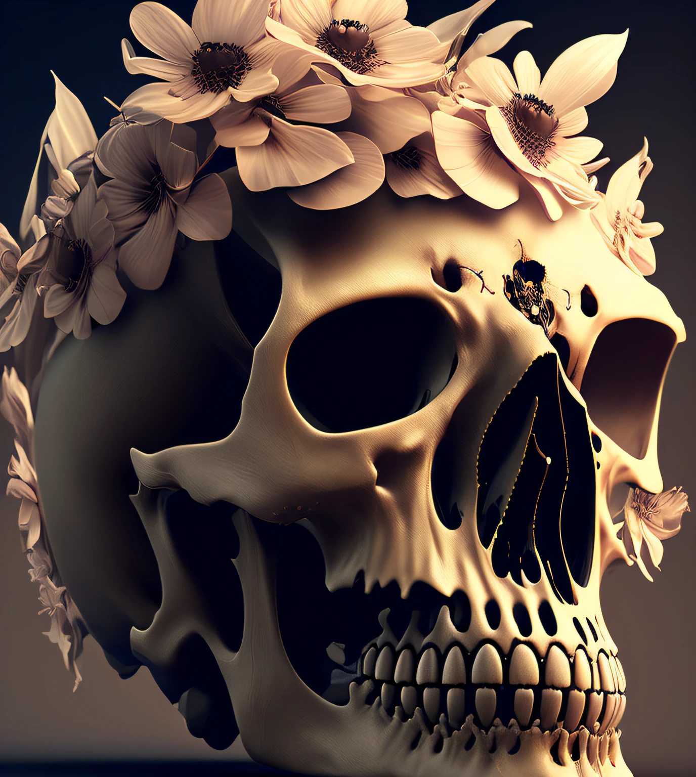 Floral Decorated Skull, low key lighting, Dark background, Detailed, macabre, art by dali, surrealist, Digital painting, Sharp focus, artstation