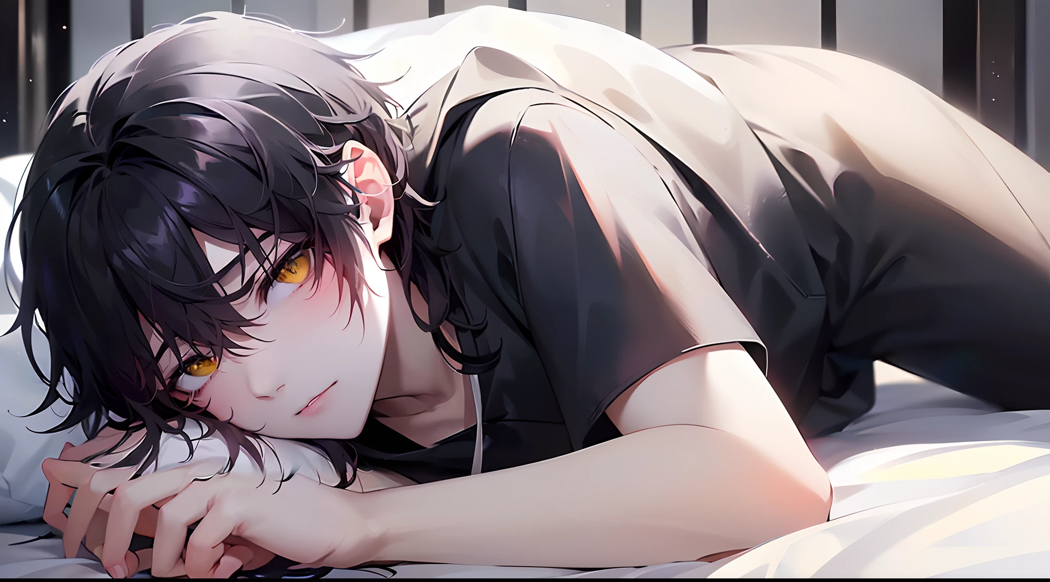 (4K works))、​masterpiece、(top-quality)、((Black bedroom in the middle of the night))、mid night、In the black bedroom at midnight、((Window with a view of the starry sky))、((I can see the dark sky from the window))、((dark ilumination))、Korean Male、Adult male、((Adult male 26 years old))、((Face similar to Hyun Jin))、Cool Men、tall、((Sleepy face))、((Irritated face))、((Strong eyes))、((Wearing a white T-shirt and a black hooded jacket、Wearing long black pants))、((Wear a black mask))、((smaller face))、Slim body、((lying down with your head on the pillow))、((hooligan))、((Black black hair))、((Yellow eyes))、((shot from a side angle))、((lying on one's side))、((Shot alone))、((Solo Photography))、((He is mean to viewers))