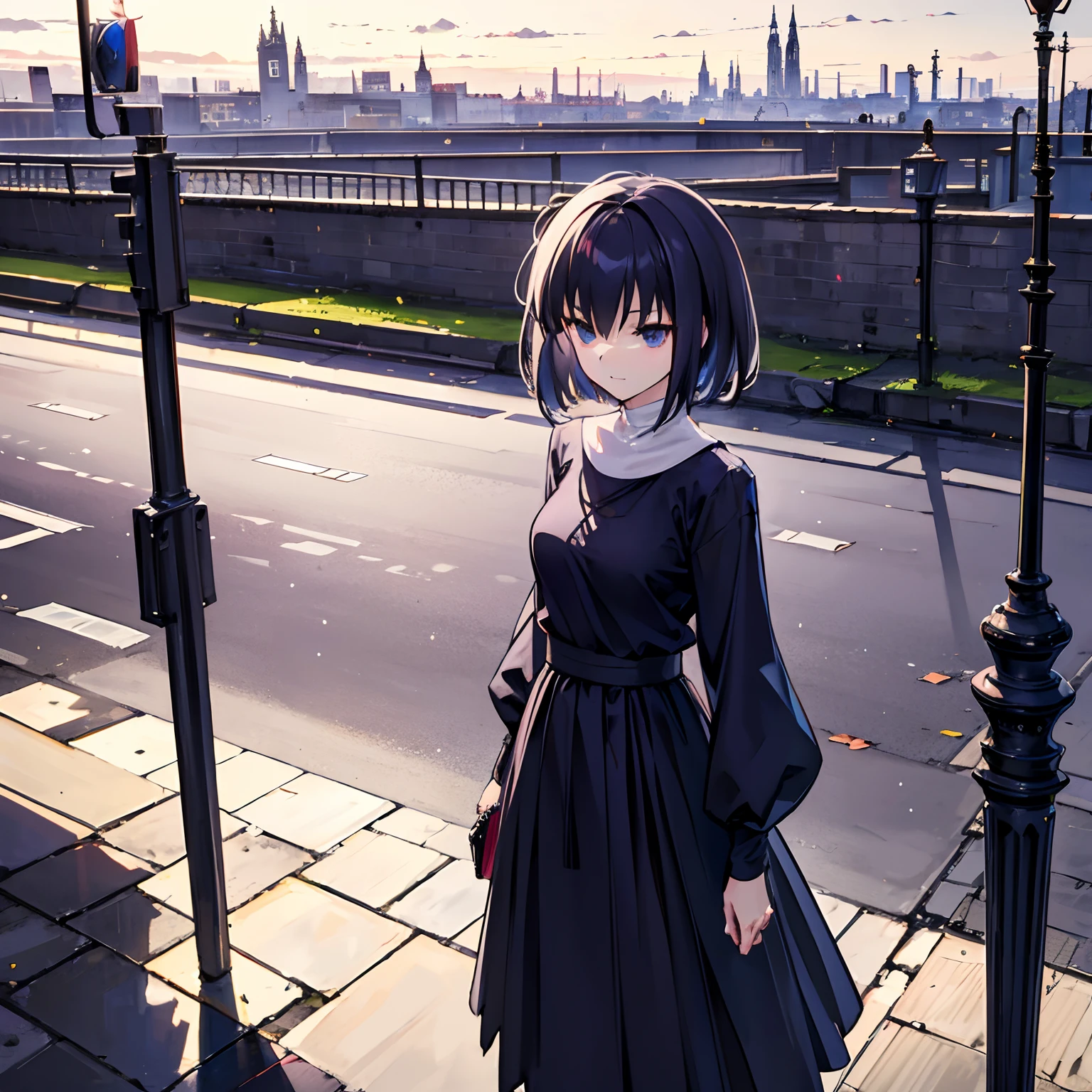 (Best Quality), (masutepiece),Highly detailed, 1girl in,alicekuonji, Standing cross-legged, Beautiful eyes , Hold back laughter, {London cityscape} Against the background of, short-hair, Black eyes､Monastic clothing､long  skirt､