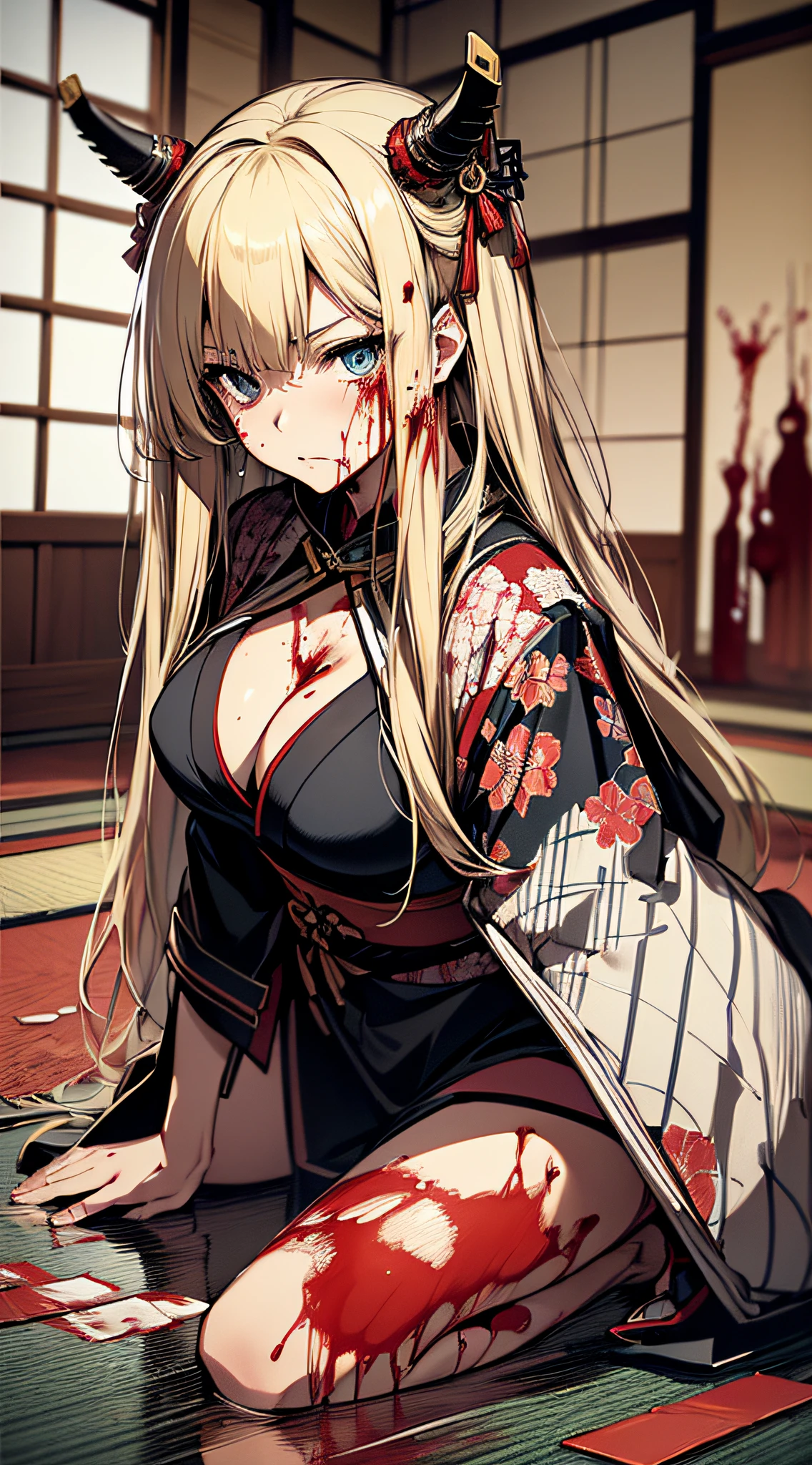 top-quality、Top image quality、masterpiece、girl with((cute little、18year old、Best Bust、Medium bust、Bust 85,Beautiful blue eyes、Breasts wide open,Valley、Blonde long hair、A slender、Black Samurai Costume、Exhausted face,He holds a sword in his right hand Japan、black and white color scheme、systemic return blood、Reflecting the whole body、sit in、all-fours))hiquality、Beautiful Art、Background with((Japanese-style room、The screen is covered in blood、Bloody tatami mats、Bloody fusuma、Shoji with blood)),masutepiece、Elaborate design、visualart、depth of fields、The best lighting、highestdetailed、8k,、Art of Kurosawa World