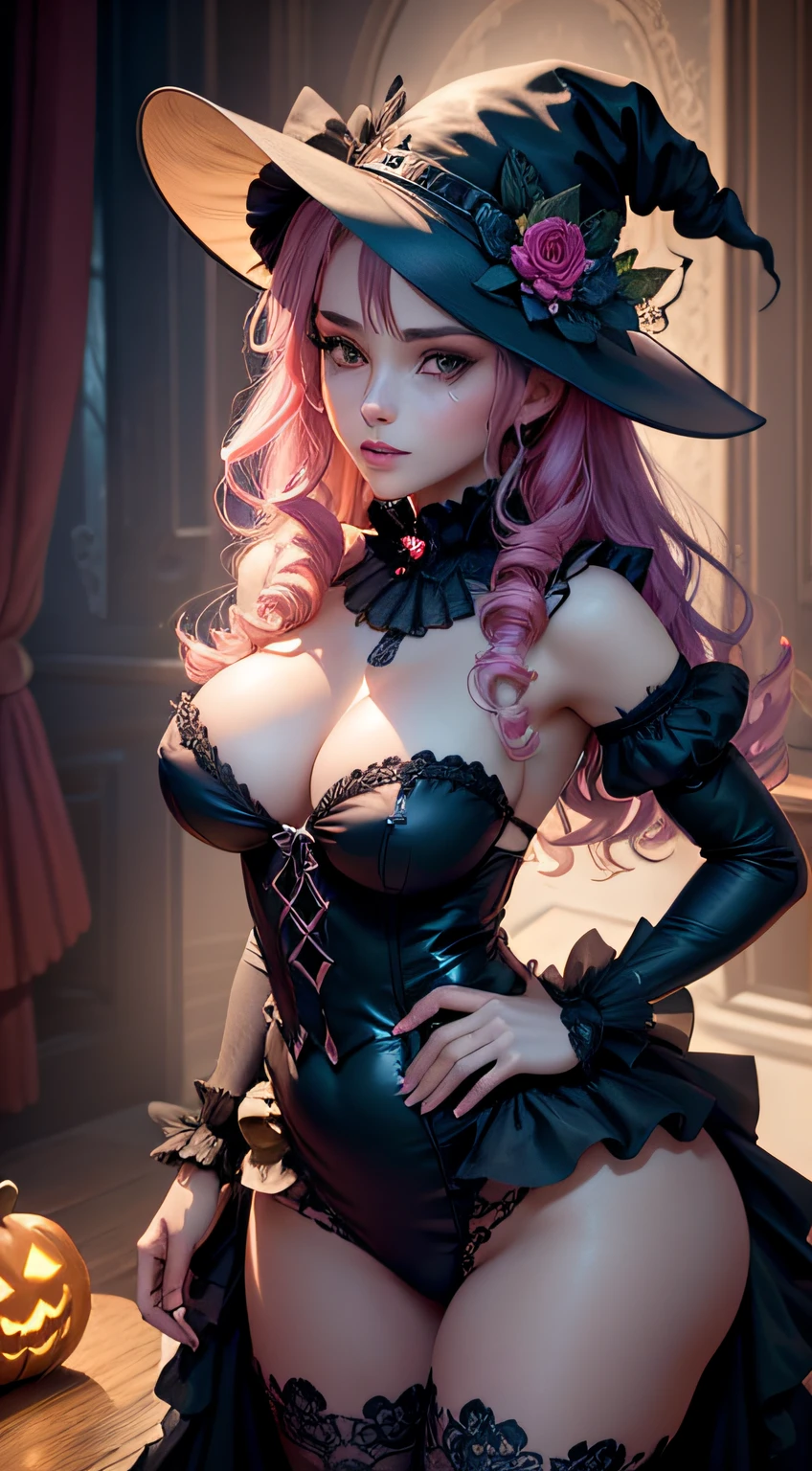 Charming Beautiful Halloween Witch, Sensual Gothic Striped Clothes with Ruffles, chapeau pointu, Barely clothed, avec des ornements de lune et de pumkin, Survolez des champs remplis de breadkines, Nuit de pleine lune, Fantastic theme, Beau D&D Portrait du personnage, sinistre, Fantaisie noire, Detailed, digital art, extreme details, poli, beau, hyperdétails, complicated, elaborate, meticulous, Detailed, Anime Face, mise au point nette, Moteur Unreal, Rendu 3D, volumeric lighting, Reflectors, brillant, digital illustration, pose sensuelle, pose suggestive, obscenity, Prise de vue du corps entier, anatomiquement correct 💖❤💕💋❣