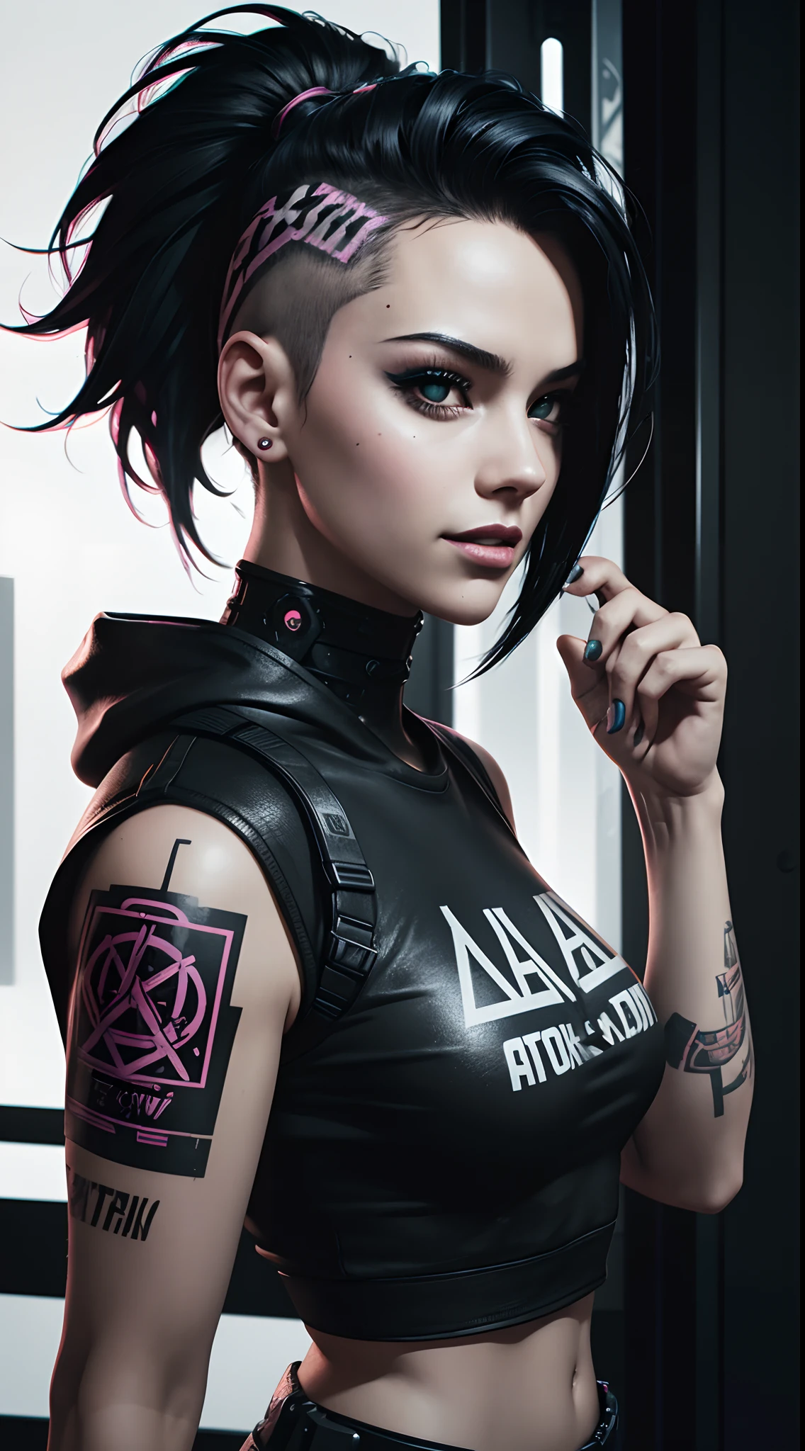 Digital illustration featuring a strong, confident woman with a futuristic and cyberpunk aesthetic. She has a fair skin tone, sharp facial features, and piercing blue eyes. Her long, dark hair is slicked back, and she has intricate tattoos covering her muscular arms. She is wearing a tight, black, sleeveless top and shiny, black gloves that extend past her elbows. The background is a dimly lit industrial setting with teal lighting, large windows, and visible pipes and cables, adding to the cyberpunk atmosphere.anatomically correct, super detailed, high quality, 4K