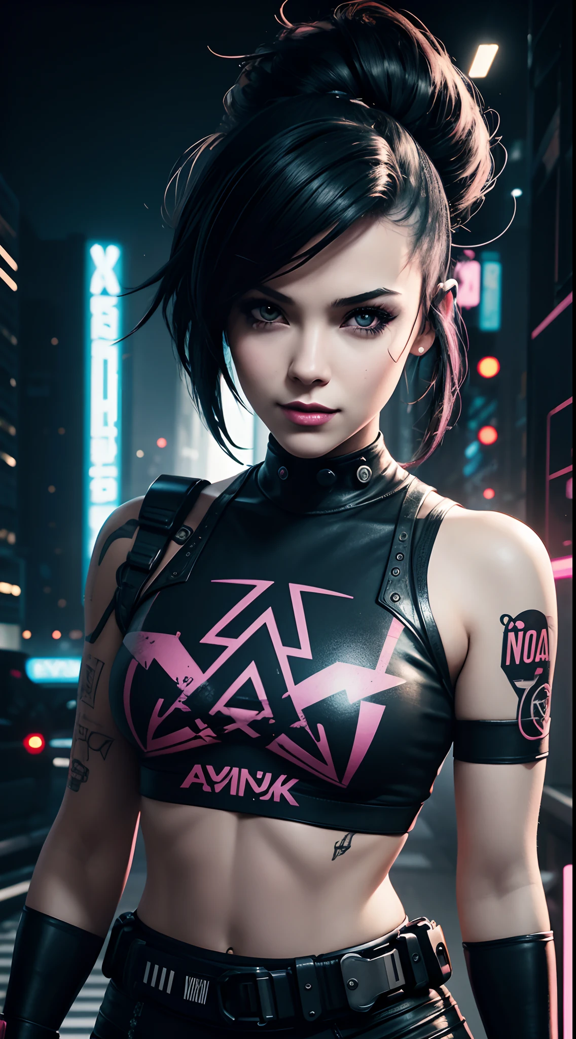 A colorful Bob cut haired punk canadian girl, smooth white skin, innocent look, , Ultra high res, uhd, photorealistic, cyberpunk outfit, ripped shirt, wink, smiling ear to ear, neon lighting, crop top vest, wearing short skirt, colorful loose socks, full body shot, beautiful legs, fish eye lens, vogue pose, modelling,