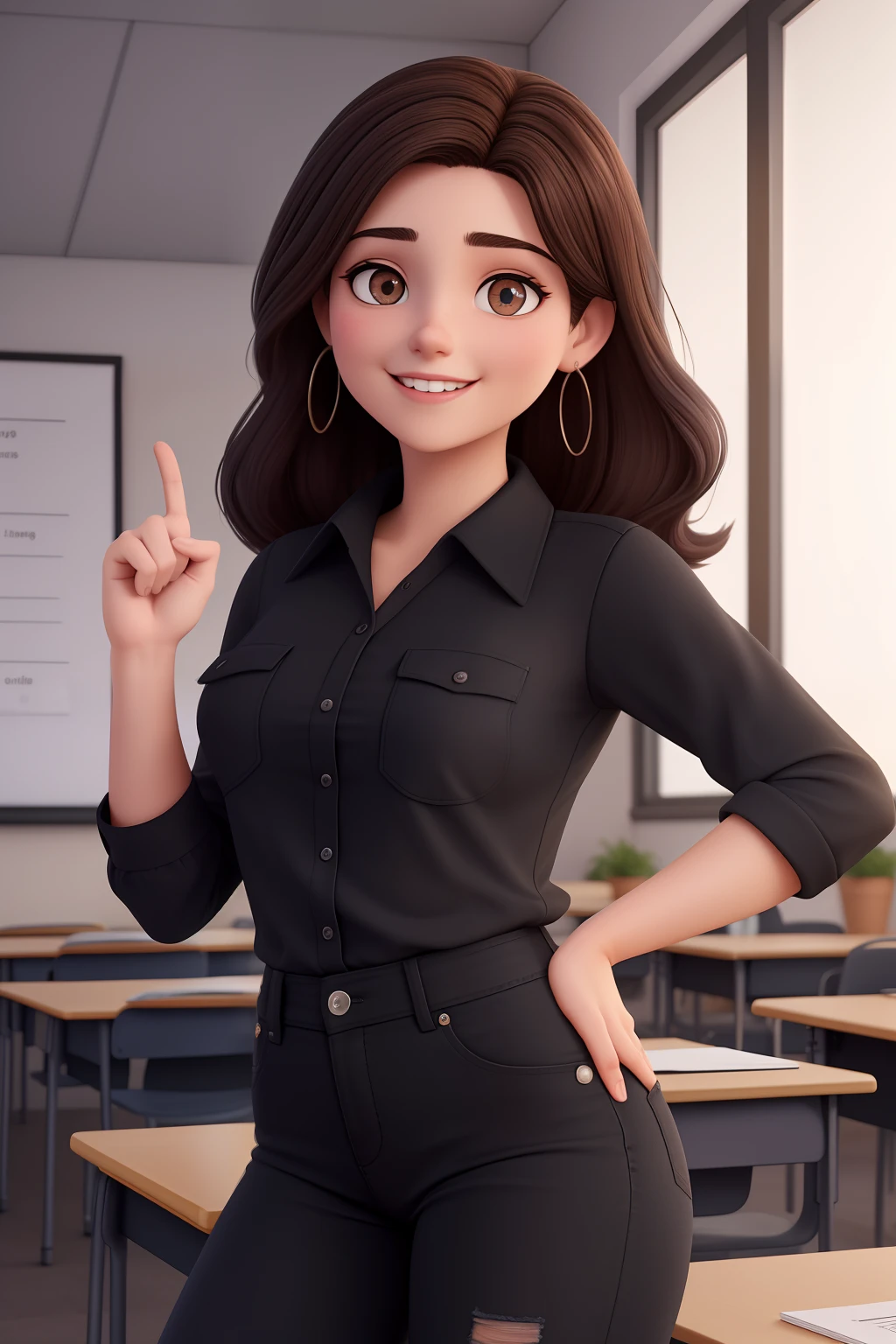 Uma mulher de 18 anos, com longos cabelos castanhos escuros , Rosto redondo, sorriso encantador, e olhos castanhos, In a classroom, studio lighting, sign language interpreter and sign language teacher. She's wearing black clothes, blouse and black jeans