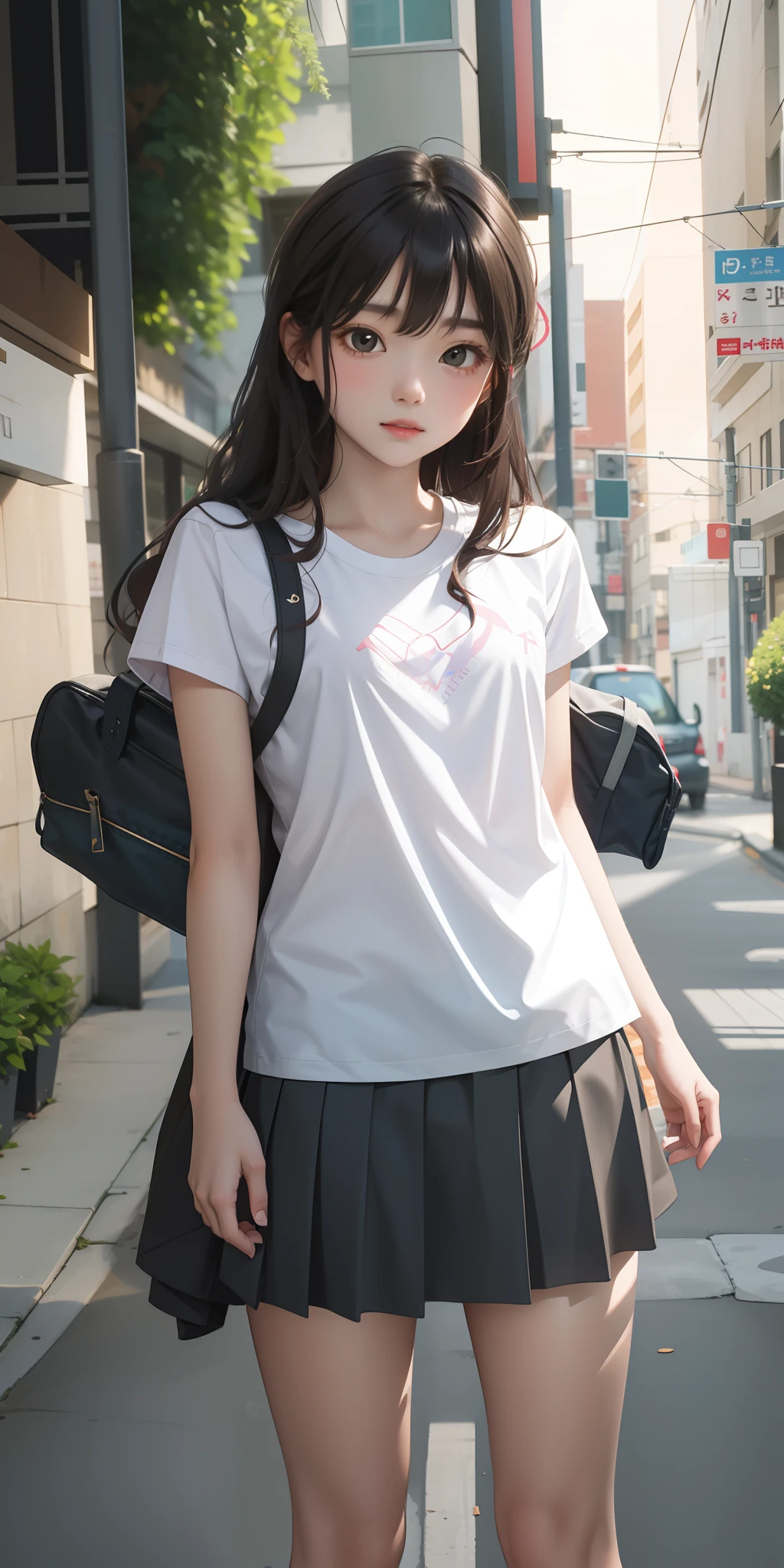 14_year_old_girl, shirt, skirt_black_tights, very_long_hair, wavy_hair